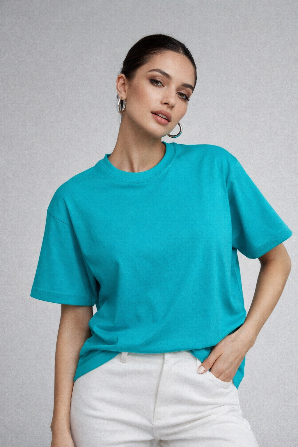 Kadın Turkuaz %100 Pamuk Oversize Basic Tişört – Rahat Kalıp Relaxed Bisiklet Yaka T-Shirt