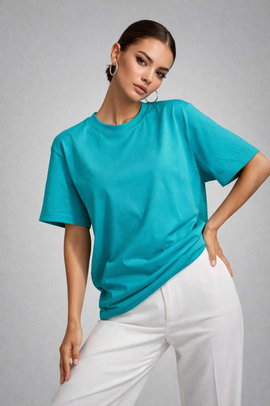 Kadın Turkuaz %100 Pamuk Oversize Basic Tişört – Rahat Kalıp Relaxed Bisiklet Yaka T-Shirt