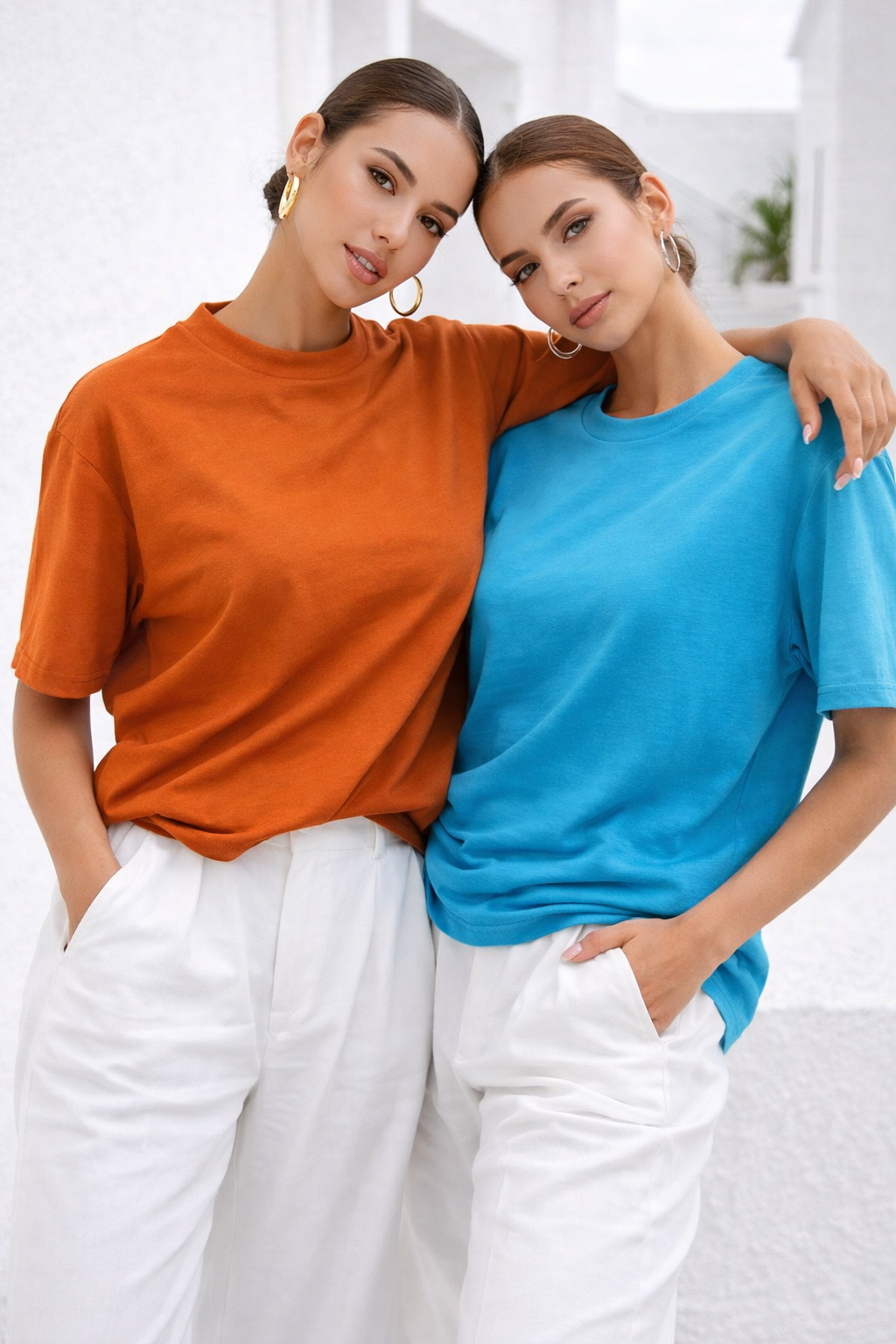 Kadın Turuncu-Mavi 2'li Paket Premium Modal Kumaş Oversize Tişört