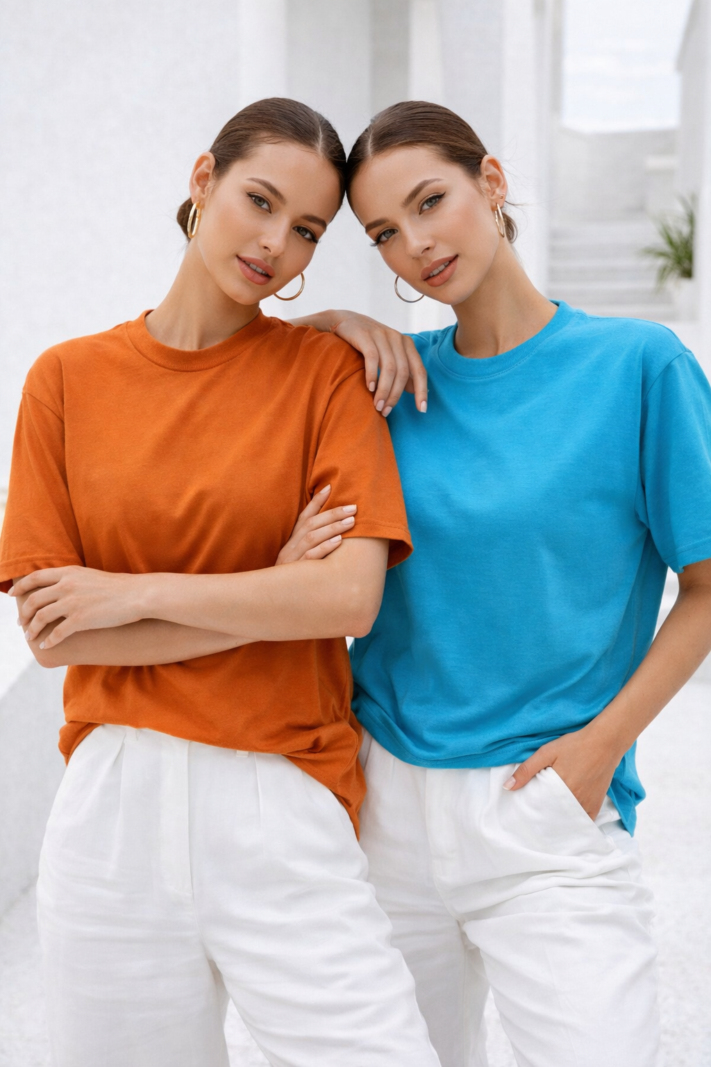 Kadın Turuncu-Mavi 2'li Paket Premium Modal Kumaş Oversize Tişört