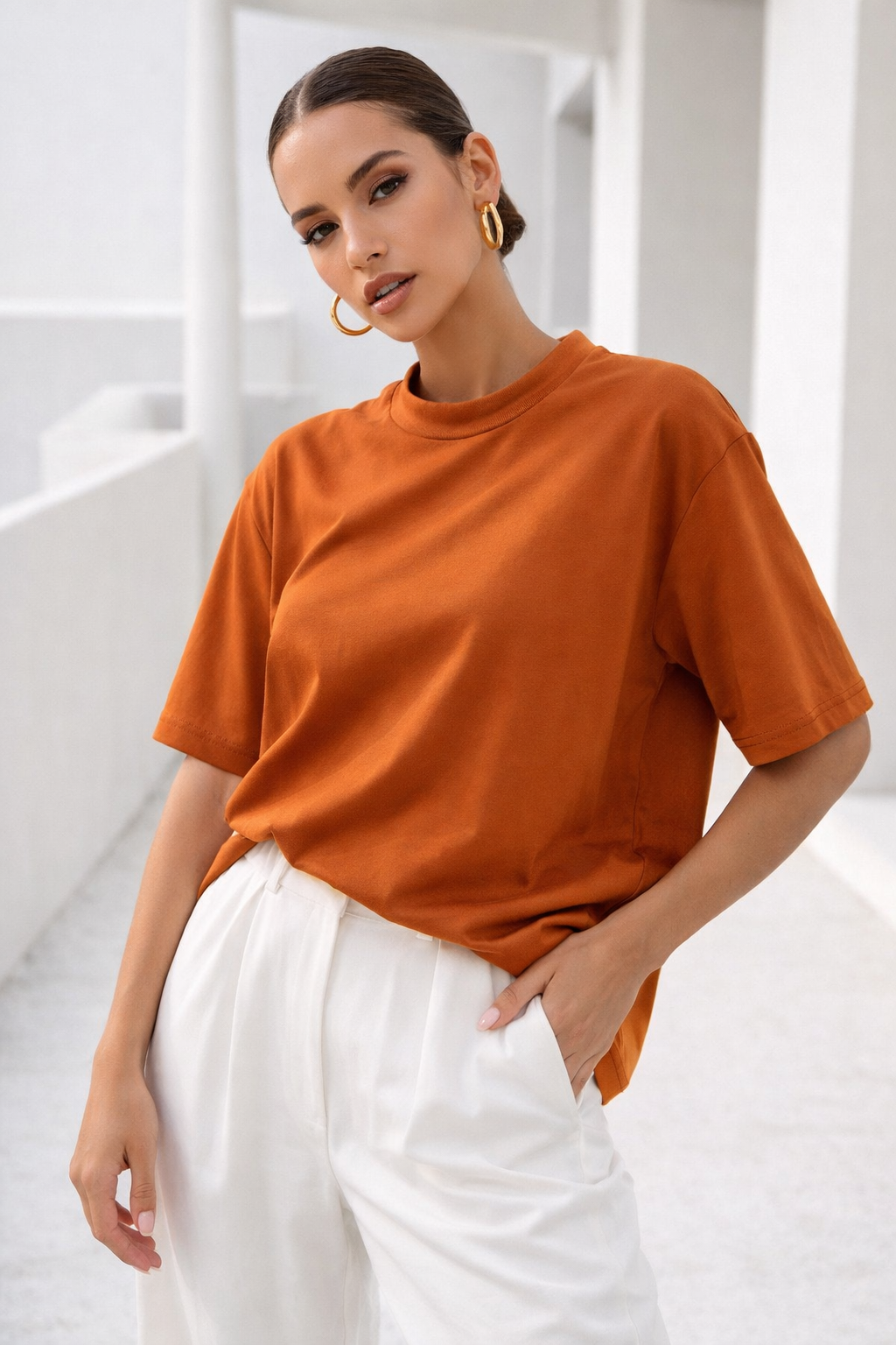 Kadın Turuncu Premium Modal Kumaş Oversize T-Shirt