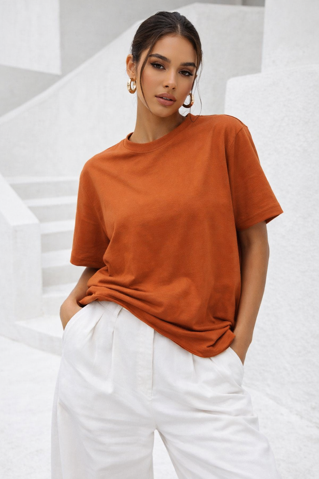 Kadın Turuncu Premium Modal Kumaş Oversize T-Shirt
