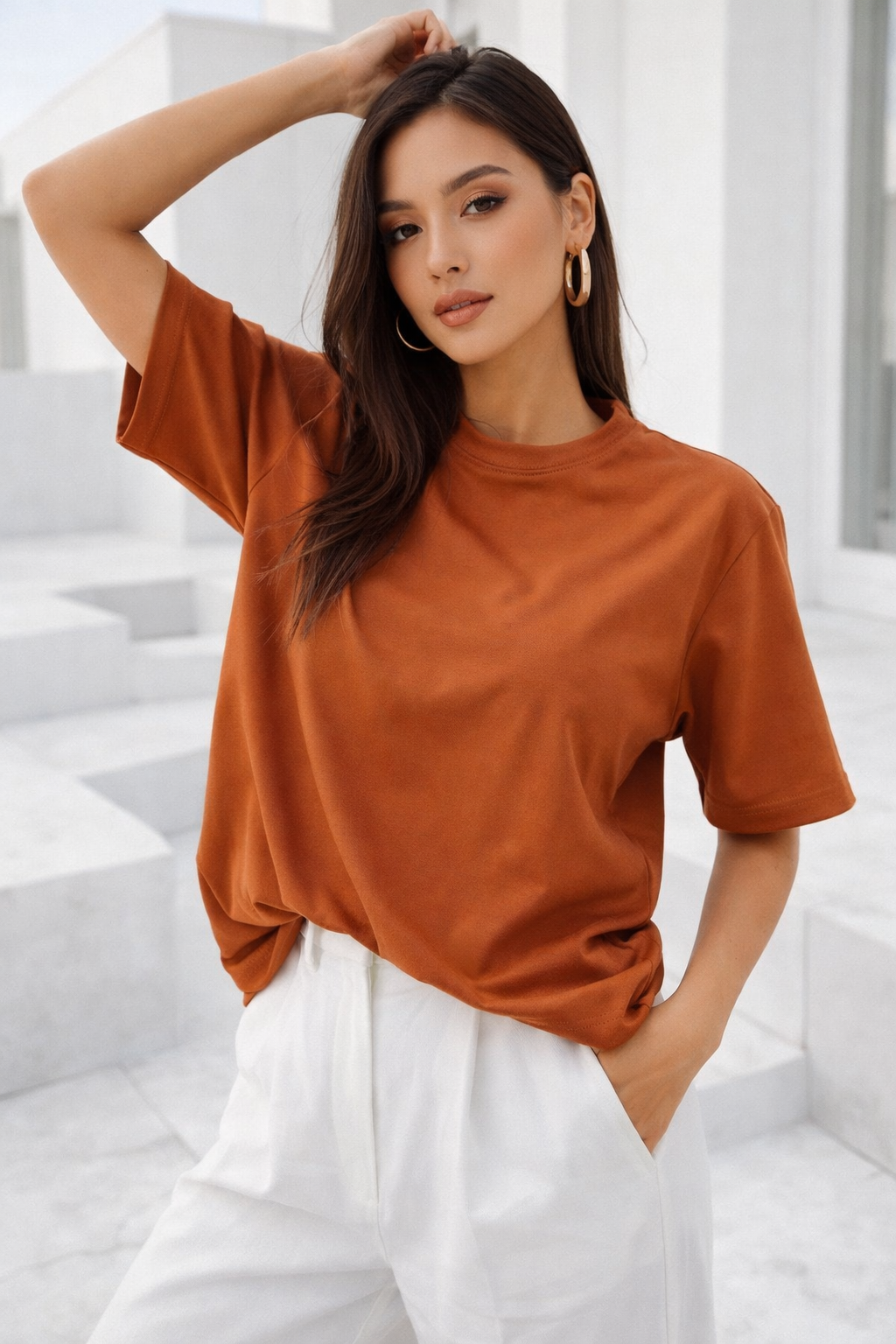 Kadın Turuncu Premium Modal Kumaş Oversize T-Shirt