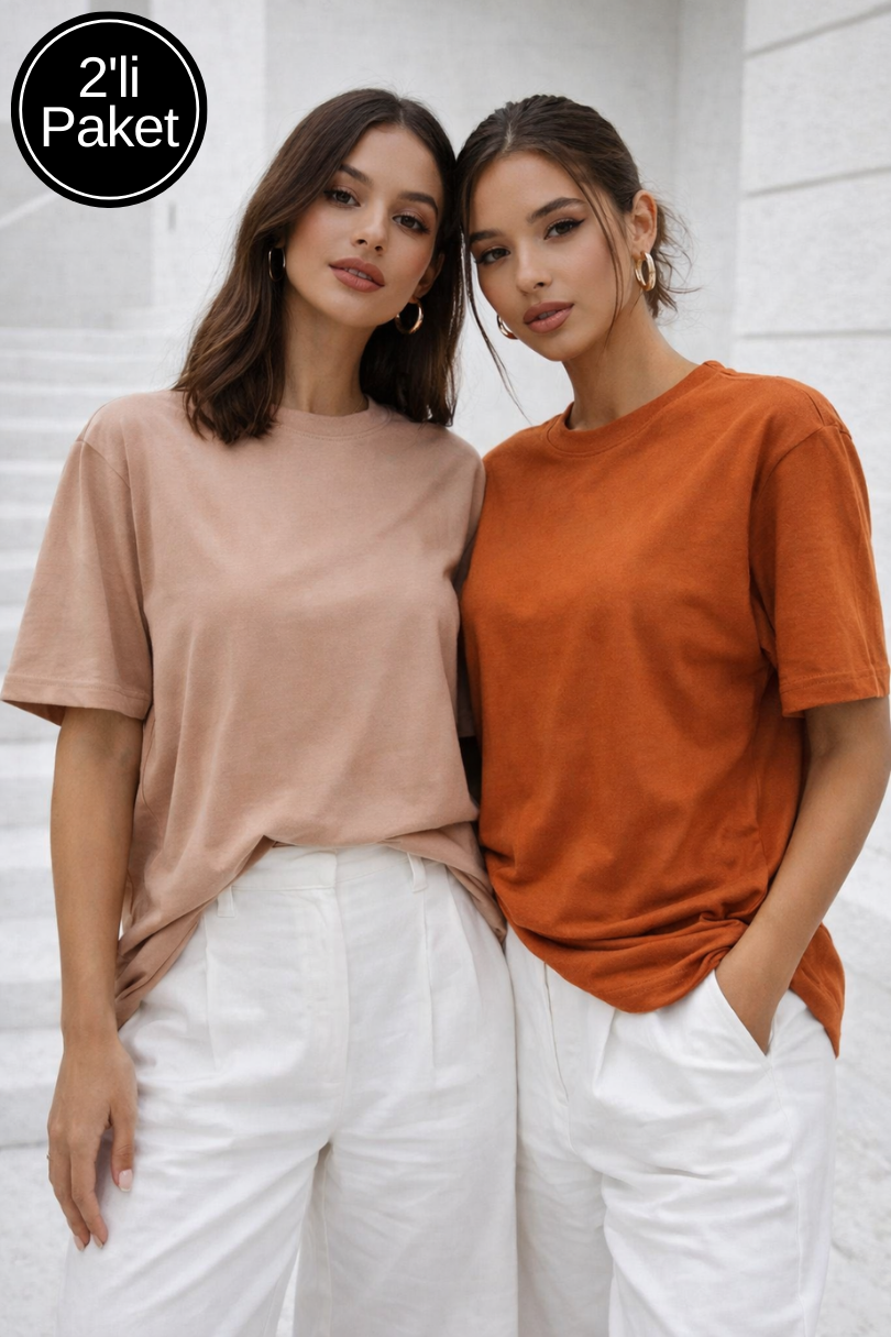 Kadın Vizon-Kiremit 2'li Paket Premium Modal Kumaş Oversize Tişört