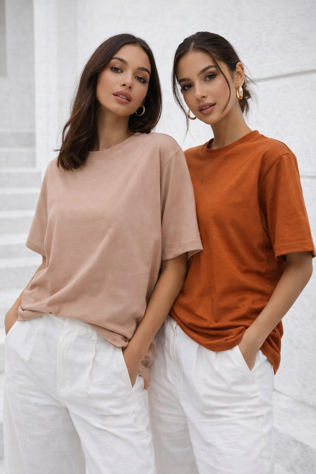 Kadın Vizon-Kiremit 2'li Paket Premium Modal Kumaş Oversize Tişört