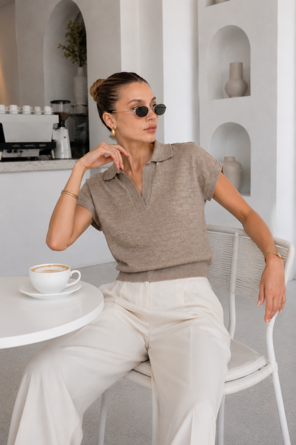 Kadın Vizon Polo Yaka Yarasa Kollu  %100 Pamuk Triko Bluz