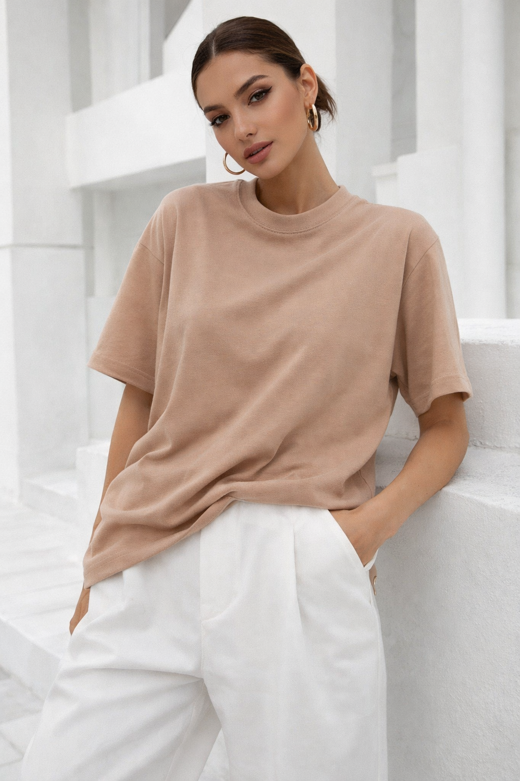 Kadın Vizon Premium Modal Kumaş Oversize T-Shirt