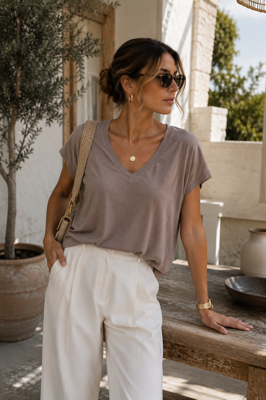 Kadın Vizon Viskon Ön Arka V Yakalı T-shirt Yarasa Kol Relaxed Bluz