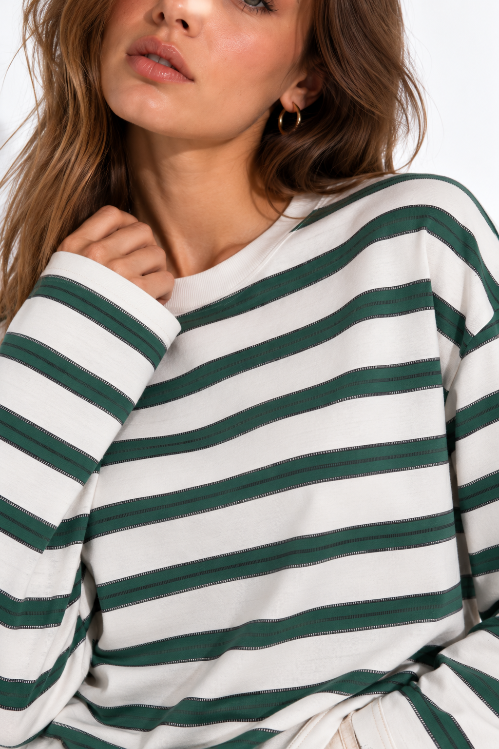 Kadın Yeşil-Beyaz Çizgili Pamuklu Bisiklet Yaka Oversize Bluz 