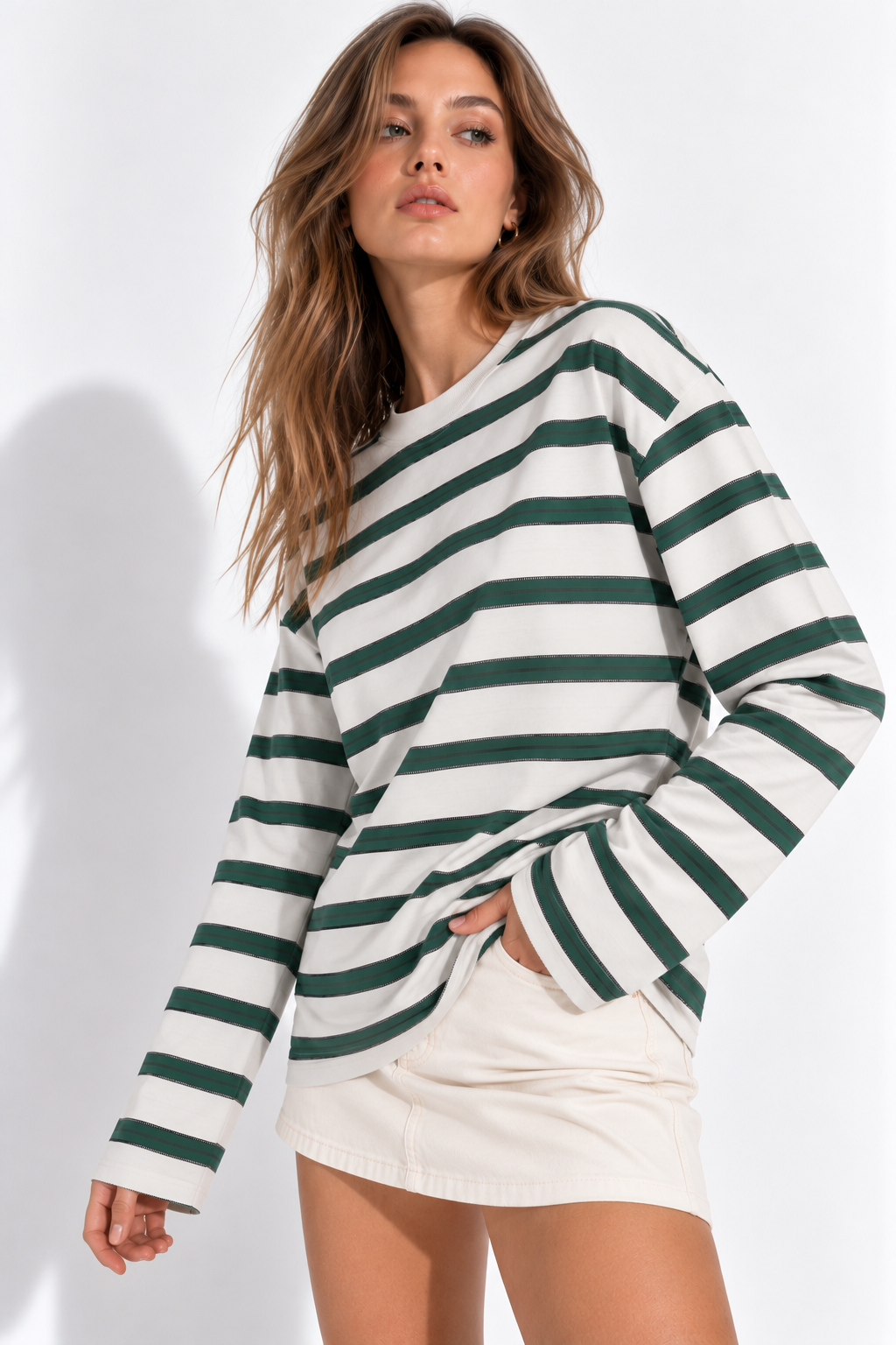 Kadın Yeşil-Beyaz Çizgili Pamuklu Bisiklet Yaka Oversize Bluz 