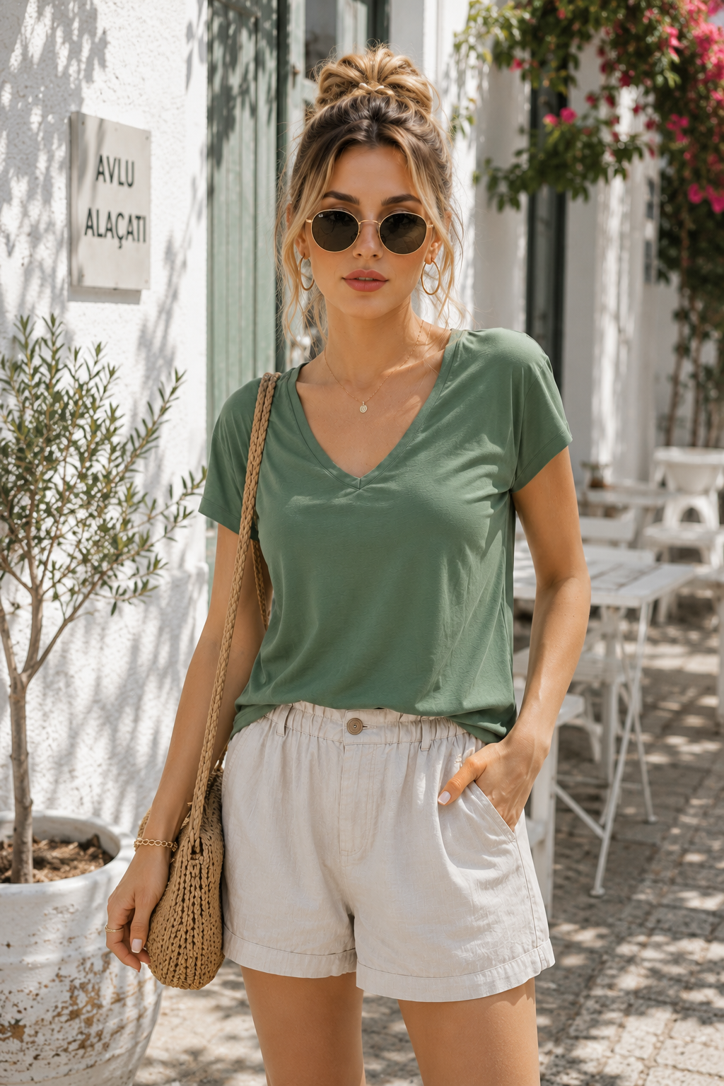 Kadın Yeşil Viskon Ön Arka V Yakalı T-shirt Yarasa Kol Relaxed Bluz