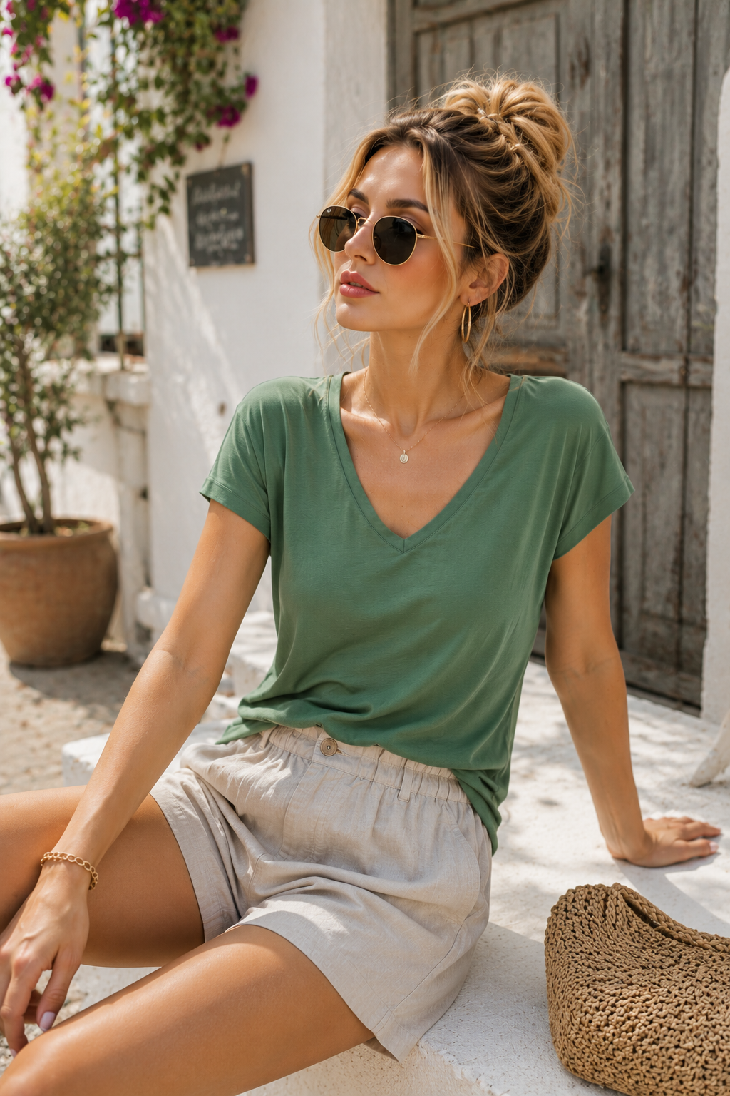 Kadın Yeşil Viskon Ön Arka V Yakalı T-shirt Yarasa Kol Relaxed Bluz