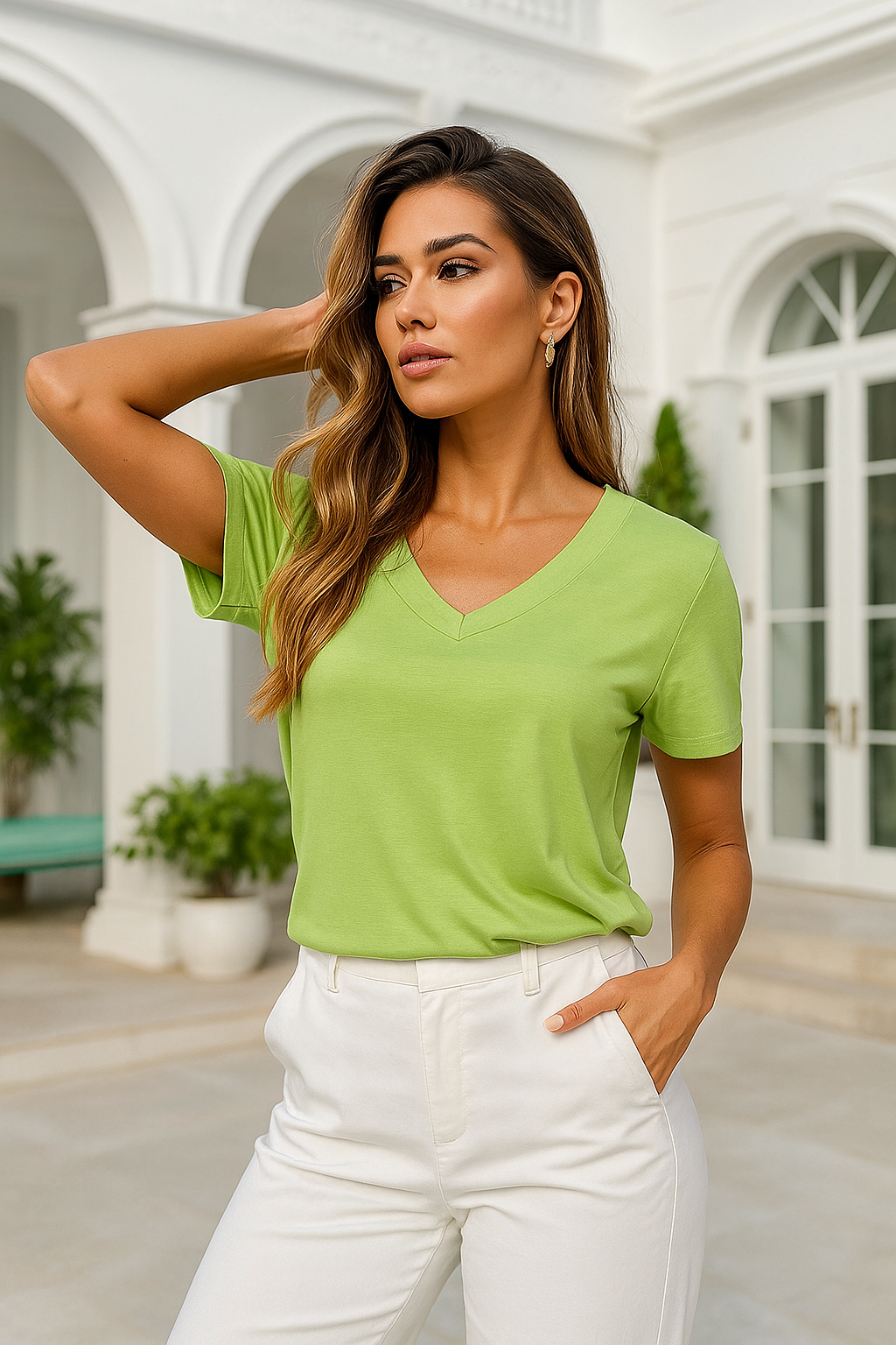 Kadın Yeşil Viskon V Yaka Basic Kısa Kollu Tişört