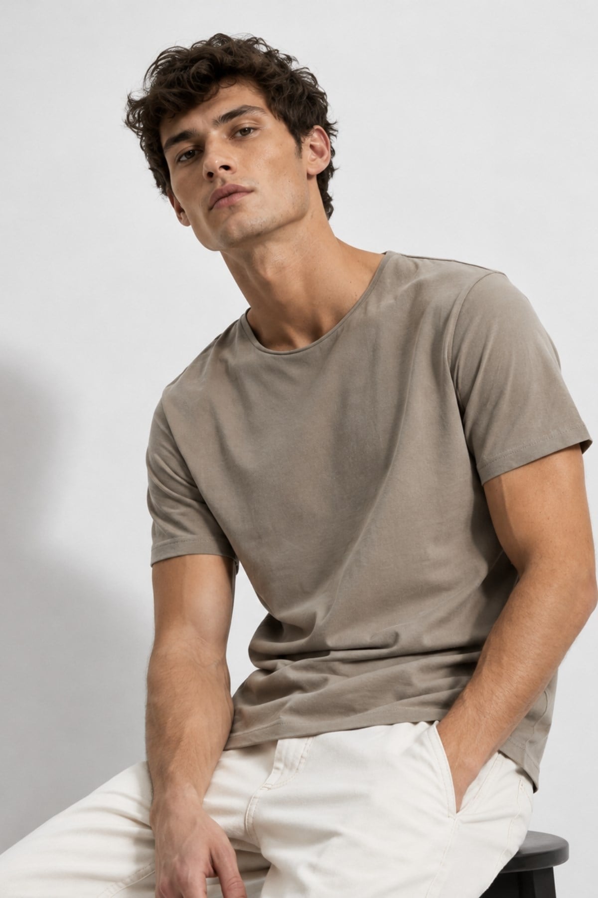 Kahverengi Erkek Yıkamalı Basic T-shirt