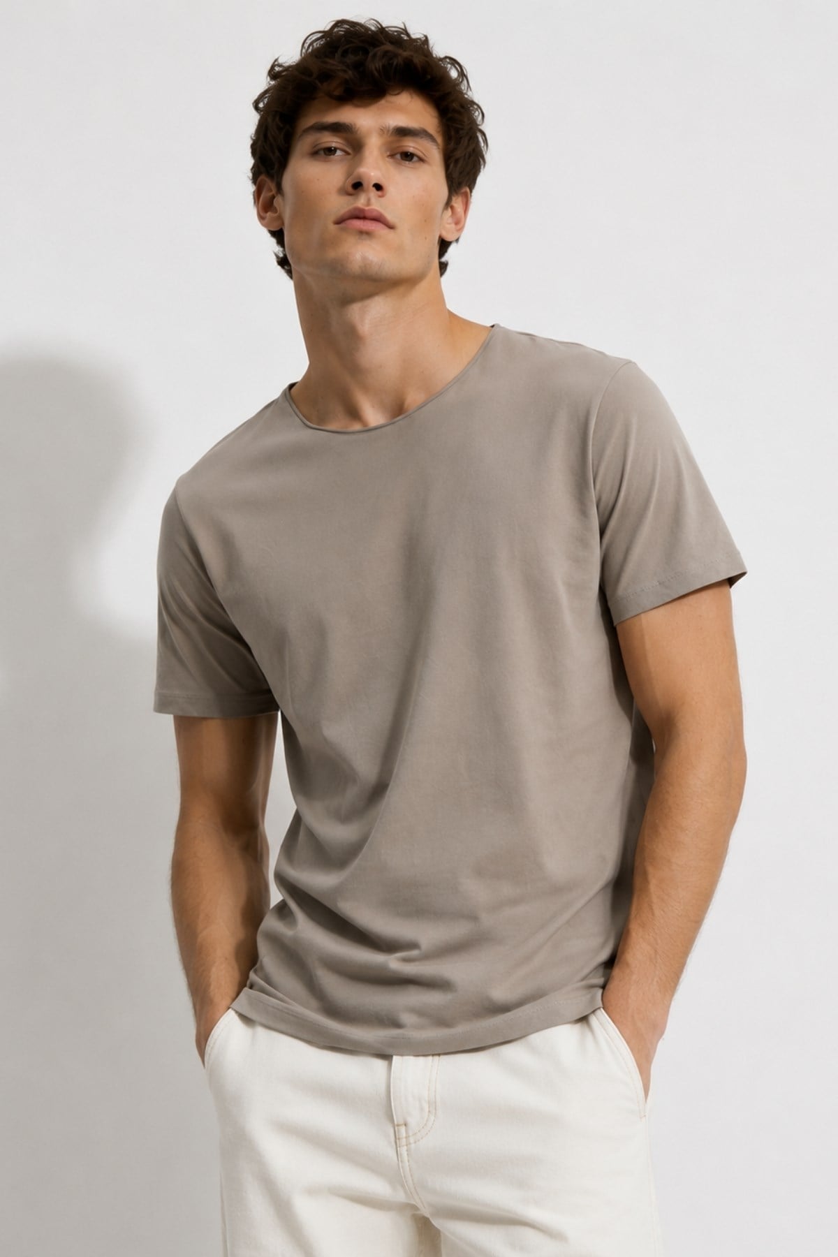 Kahverengi Erkek Yıkamalı Basic T-shirt