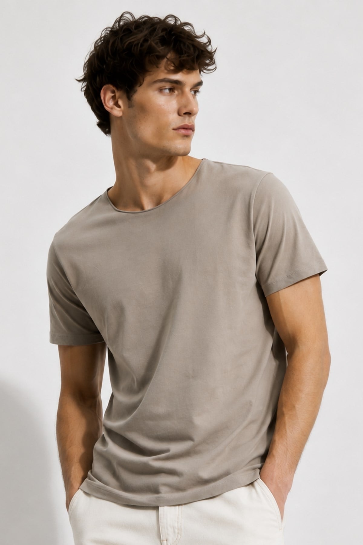 Kahverengi Erkek Yıkamalı Basic T-shirt