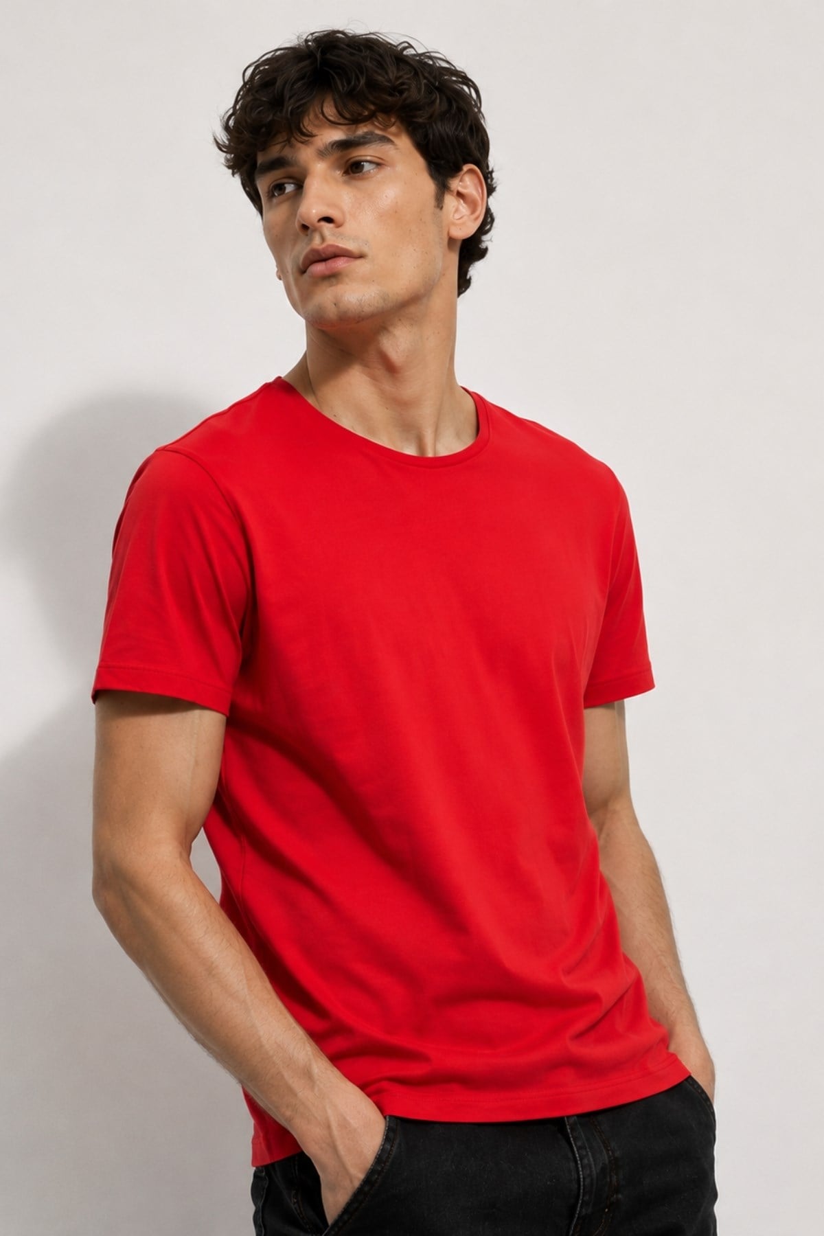 Kırmızı Erkek Yıkamalı Basic T-shirt