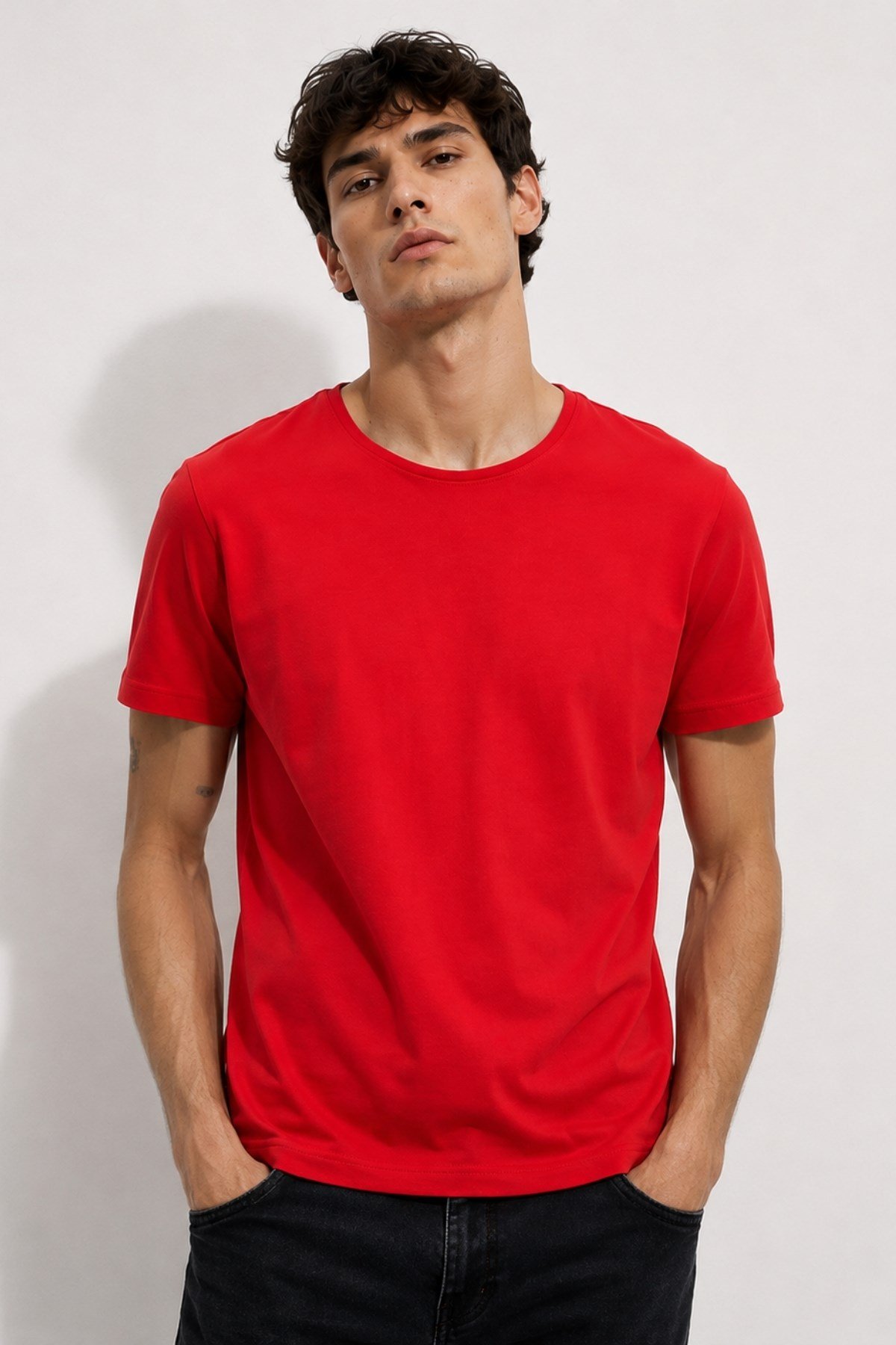 Kırmızı Erkek Yıkamalı Basic T-shirt