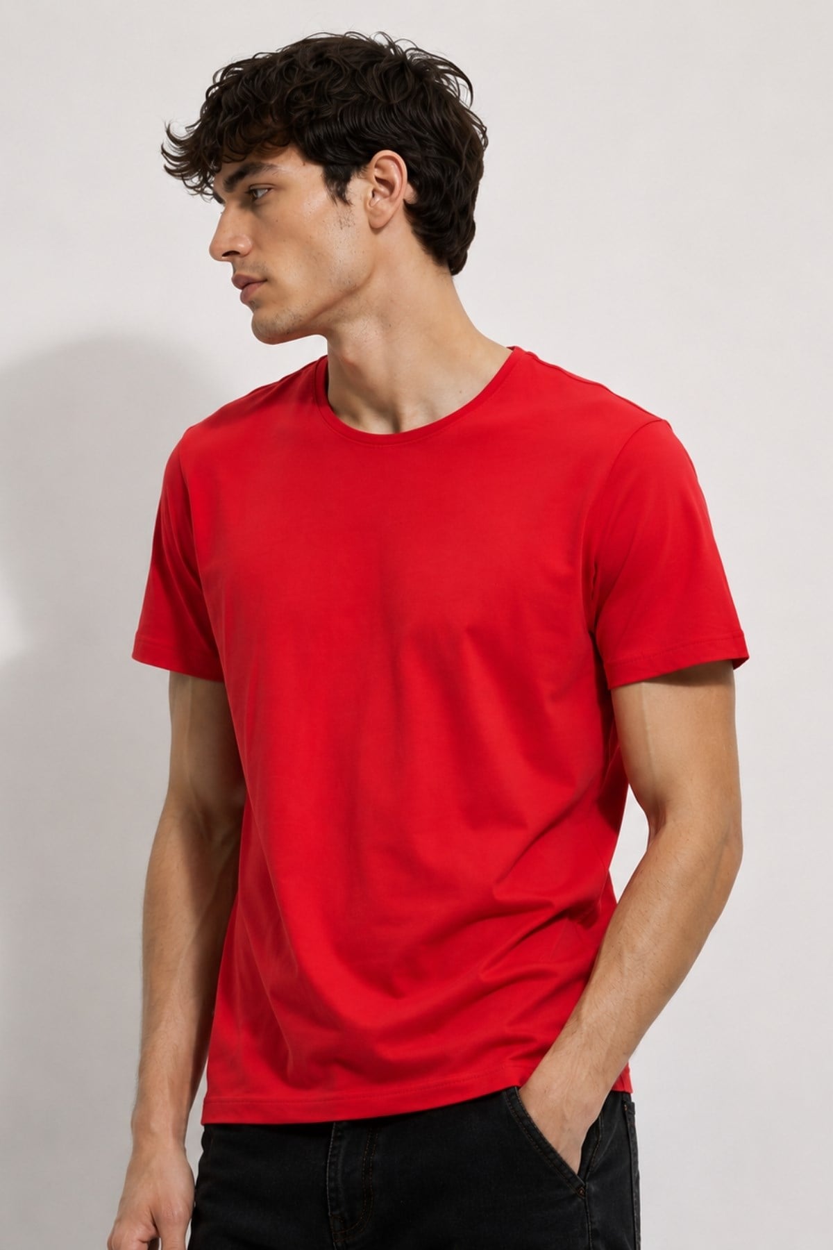 Kırmızı Erkek Yıkamalı Basic T-shirt