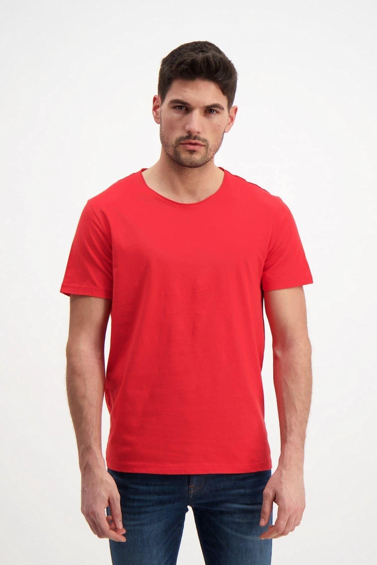 Kırmızı Erkek Yıkamalı Basic T-shirt