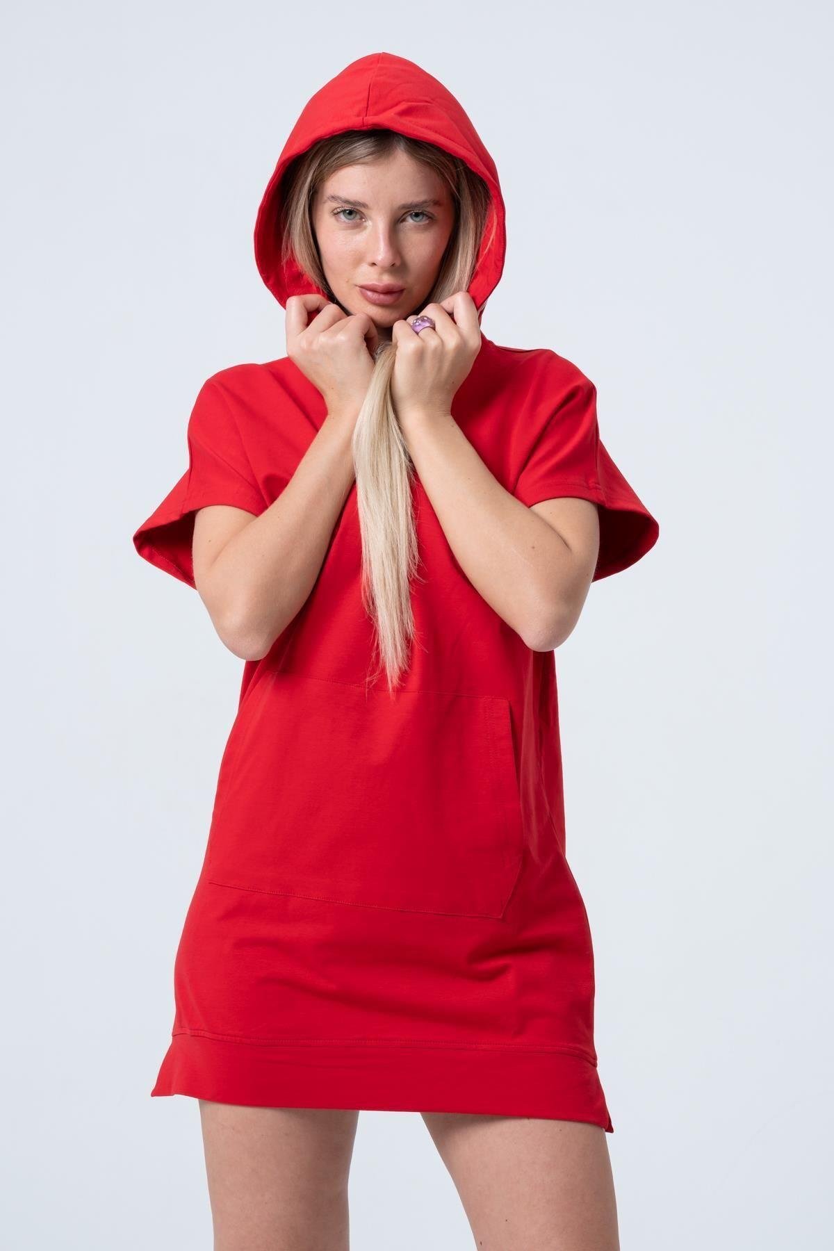 Kırmızı Uzun Sweatshirt Elbise Tunik Kısa Kollu Kanguru Cepli