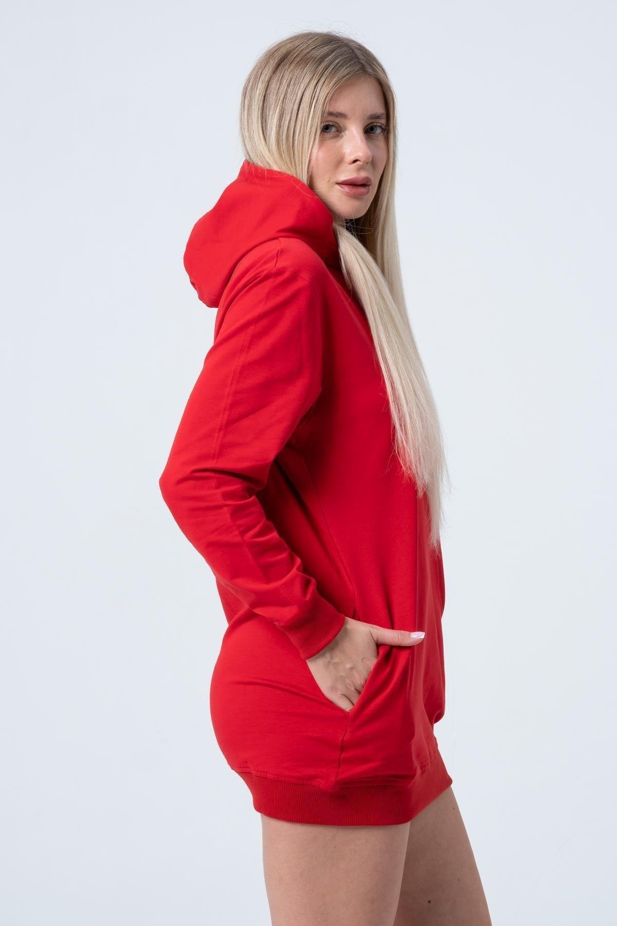 Kırmızı Uzun Sweatshirt Elbise Tunik Uzun Kollu Yandan Cepli