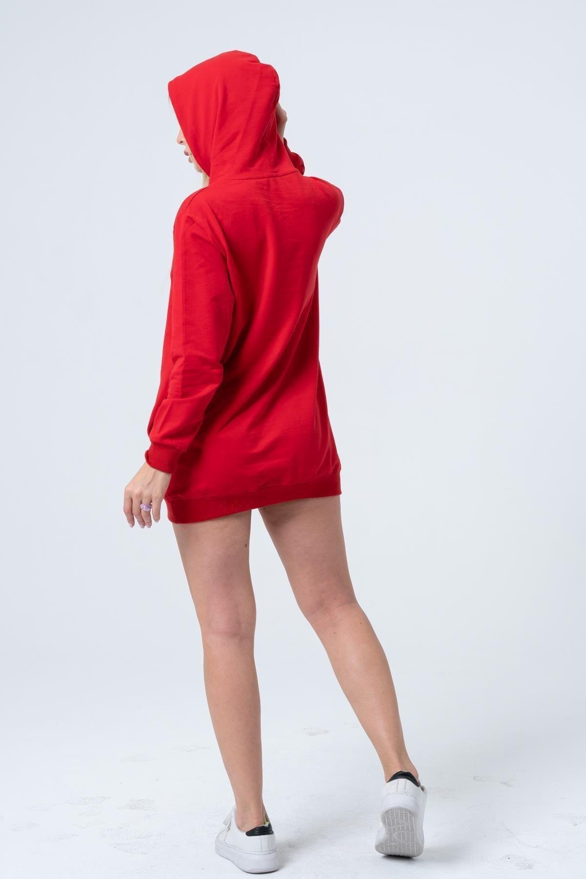 Kırmızı Uzun Sweatshirt Elbise Tunik Uzun Kollu Yandan Cepli