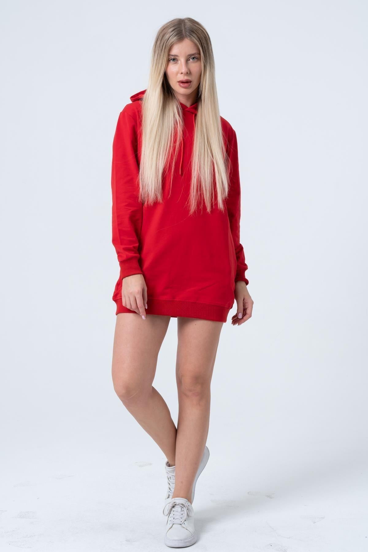 Kırmızı Uzun Sweatshirt Elbise Tunik Uzun Kollu Yandan Cepli