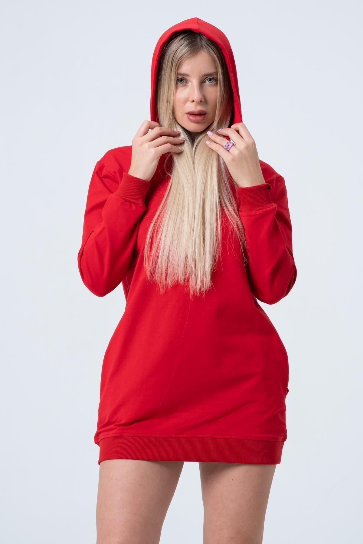 Kırmızı Uzun Sweatshirt Elbise Tunik Uzun Kollu Yandan Cepli