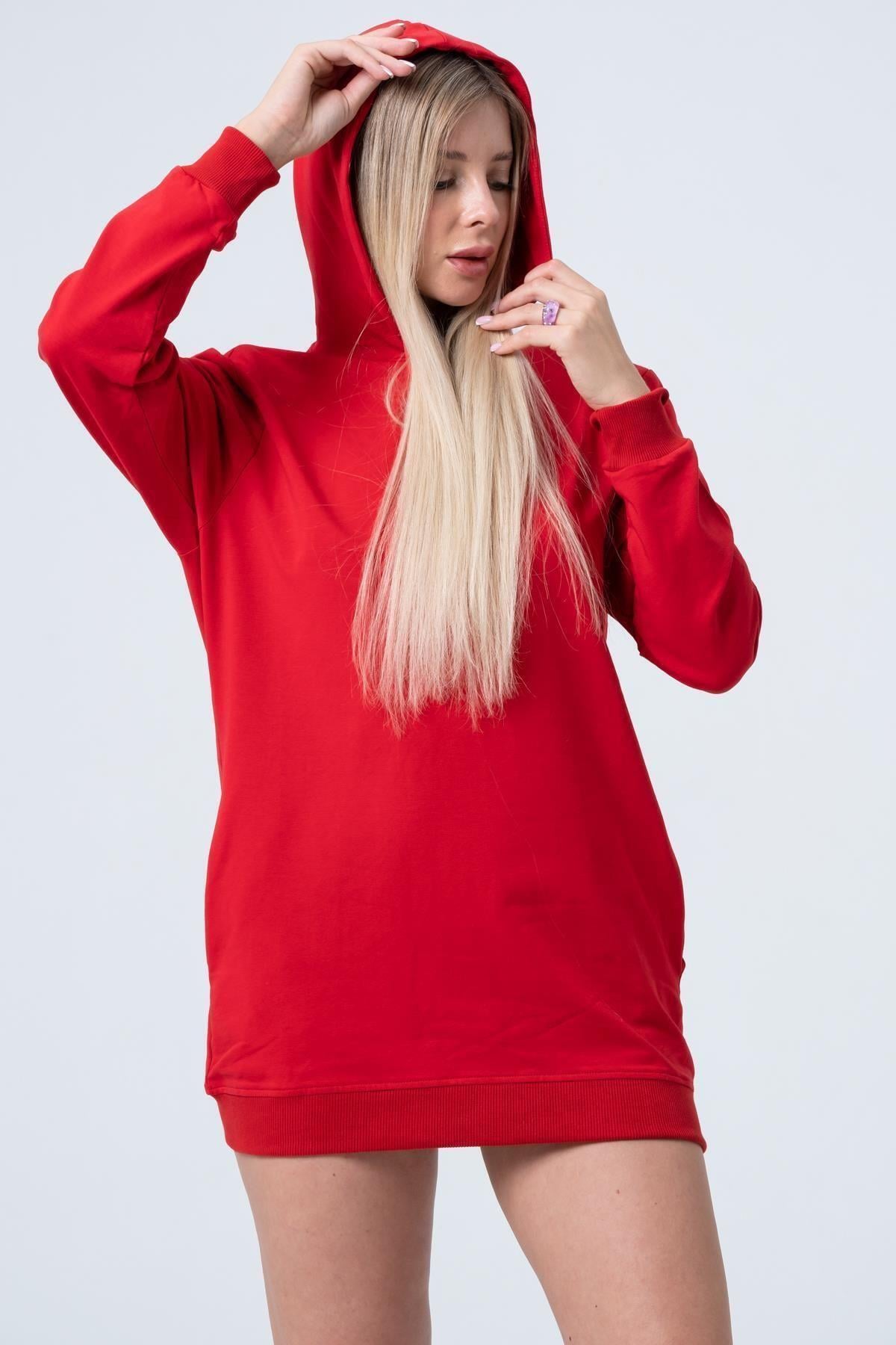 Kırmızı Uzun Sweatshirt Elbise Tunik Uzun Kollu Yandan Cepli