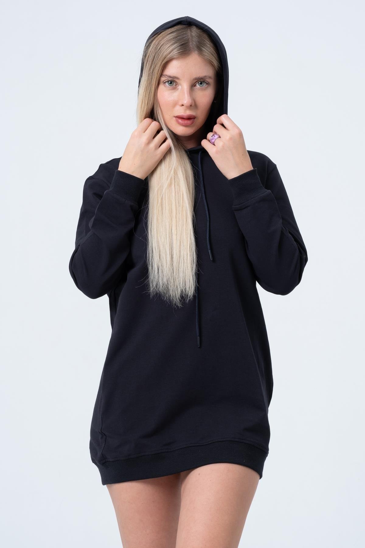 Lacivert Uzun Sweatshirt Elbise Tunik Uzun Kollu Yandan Cepli