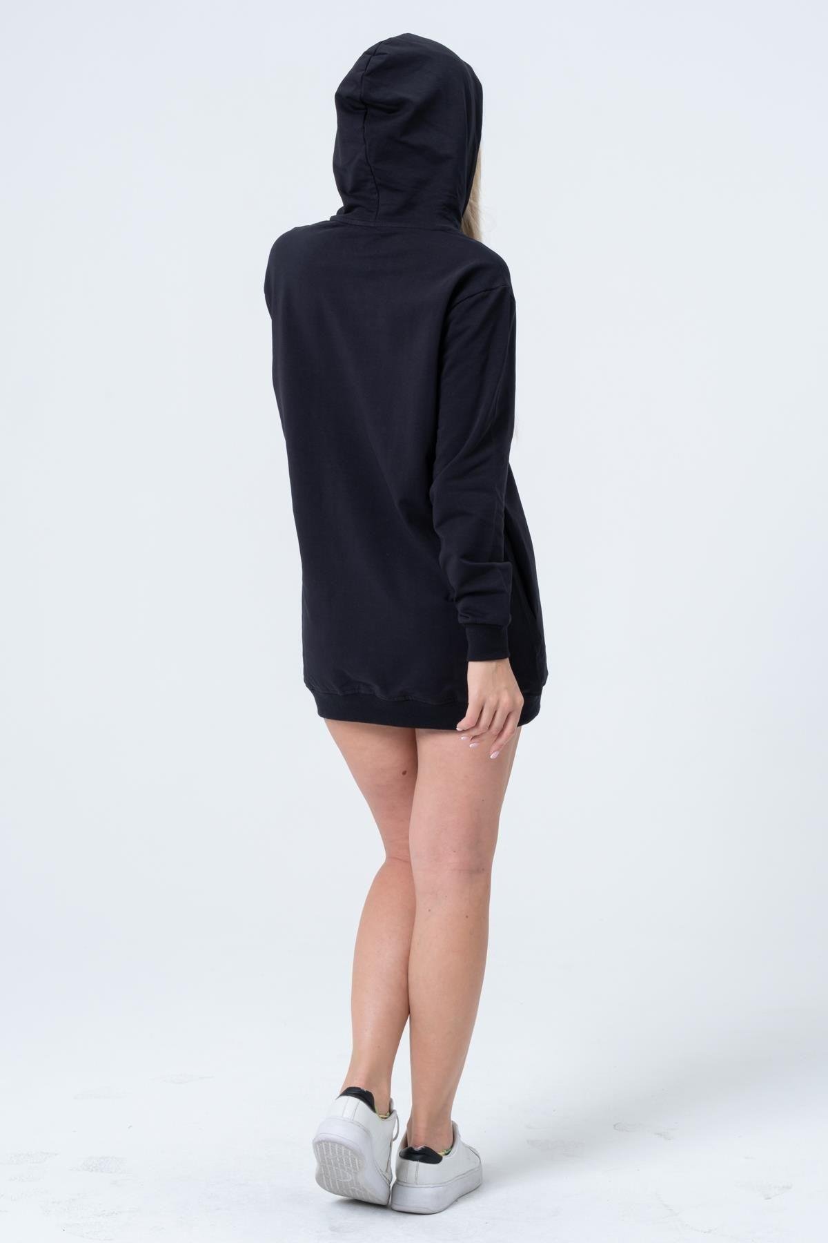 Lacivert Uzun Sweatshirt Elbise Tunik Uzun Kollu Yandan Cepli