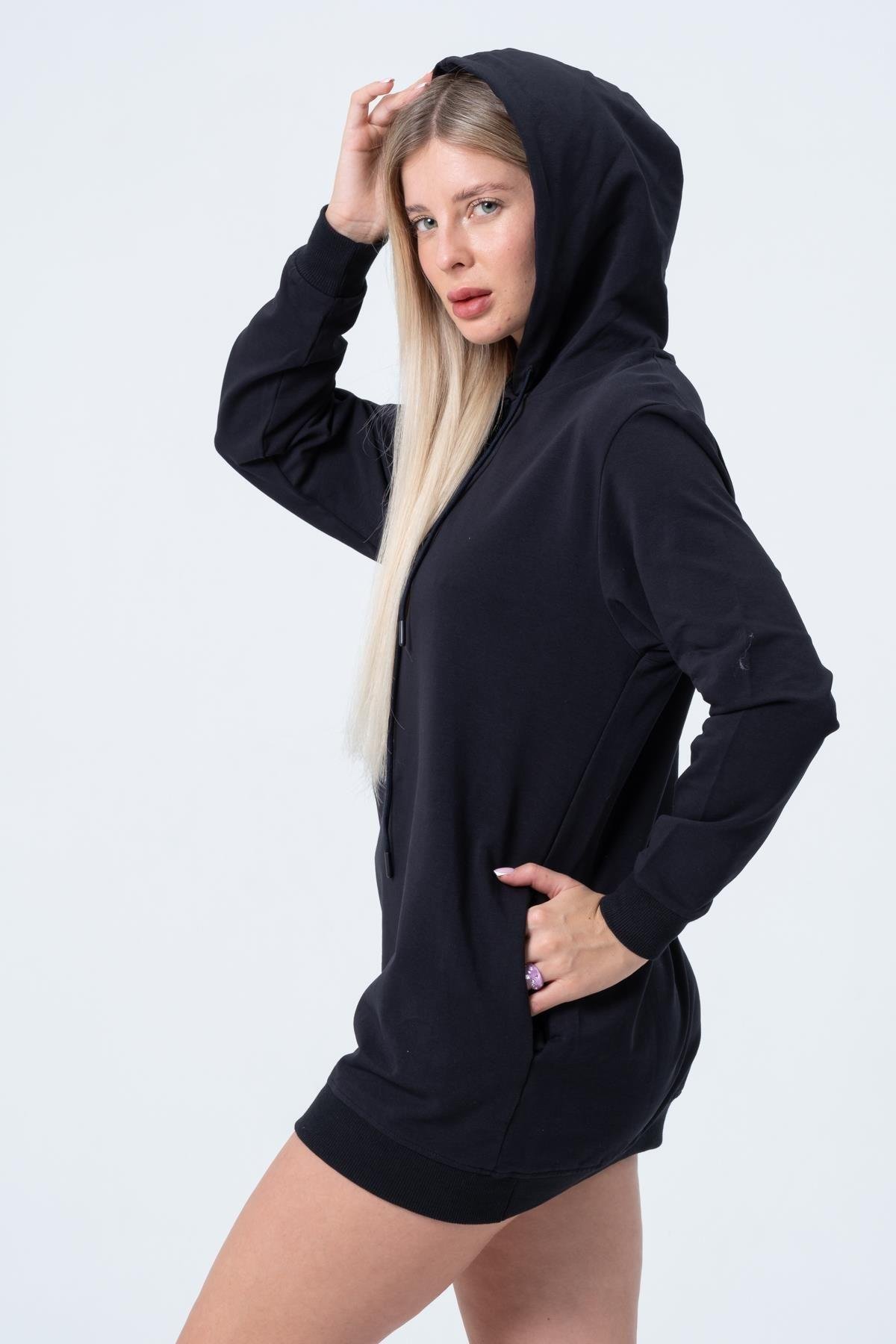 Lacivert Uzun Sweatshirt Elbise Tunik Uzun Kollu Yandan Cepli