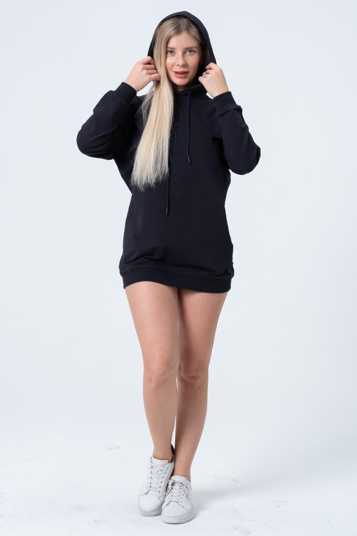 Lacivert Uzun Sweatshirt Elbise Tunik Uzun Kollu Yandan Cepli