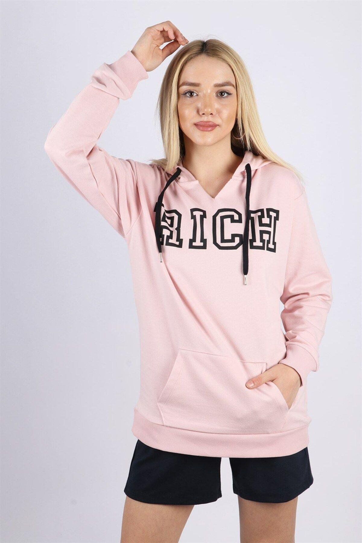 Pudra Kadın Baskılı Kapüşonlu Sweatshirt