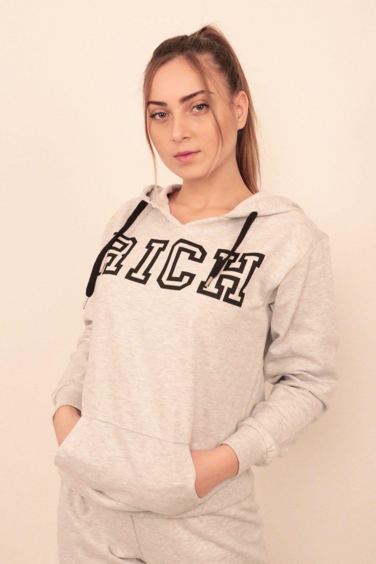 Rich Kadın Baskılı Kapüşonlu Sweatshirt