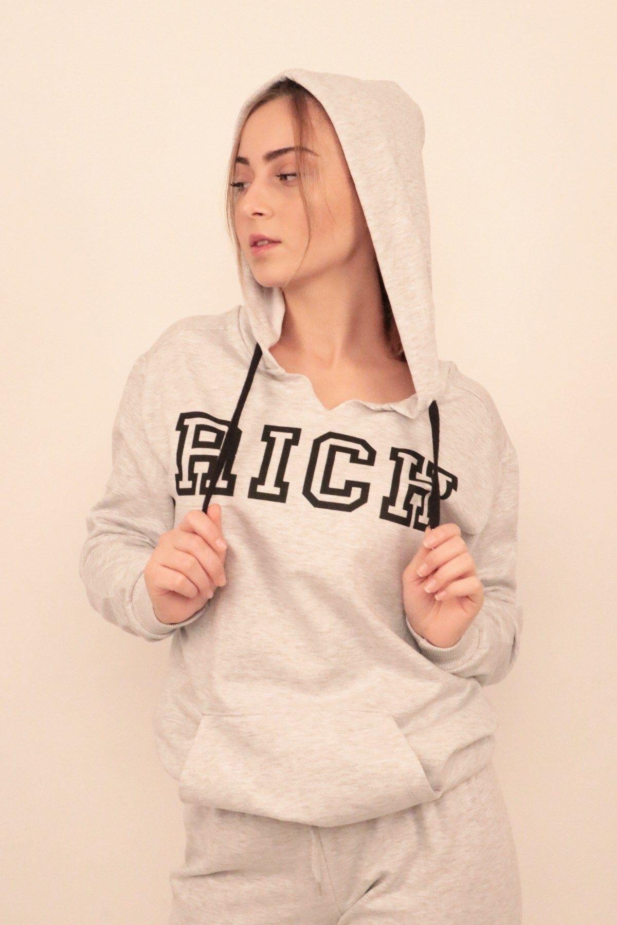Rich Kadın Baskılı Kapüşonlu Sweatshirt