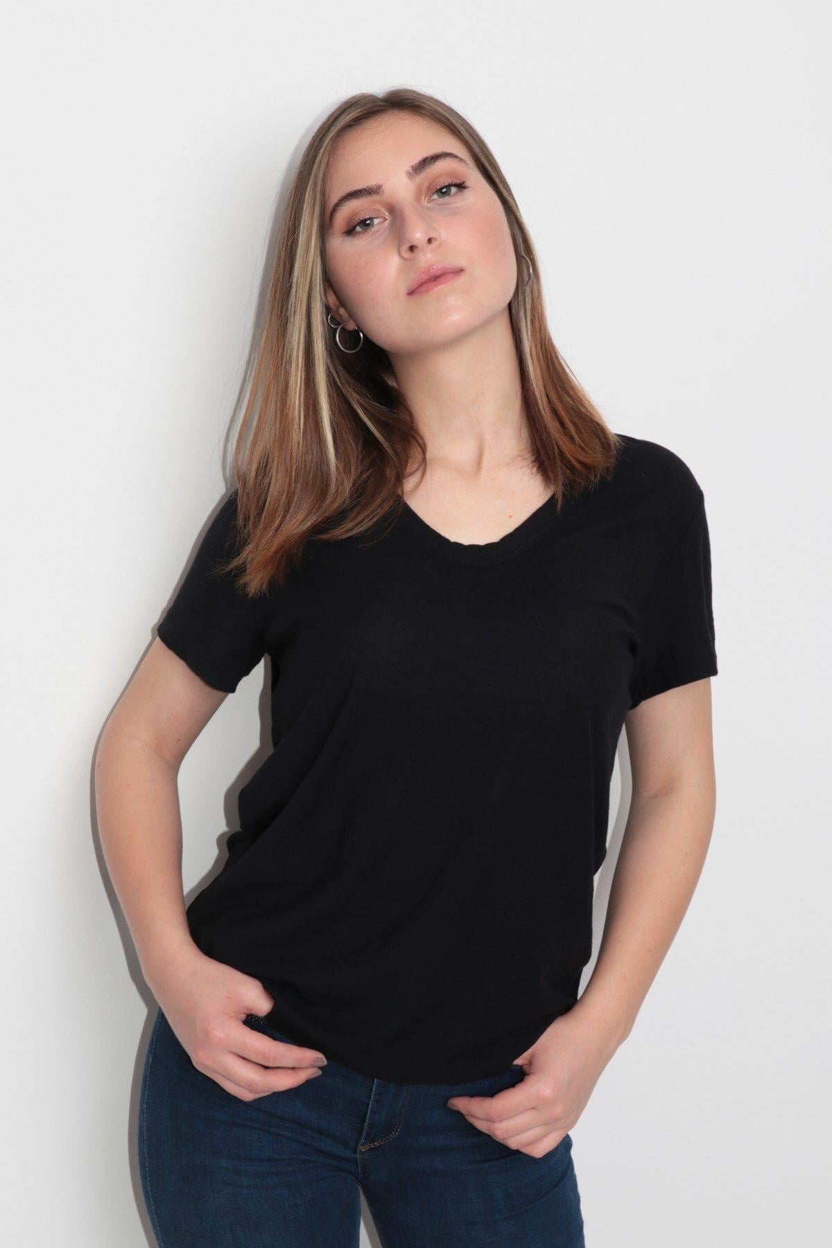 Rich Kadın Organik V Yaka T-shirt %100 Pamuk Tişört