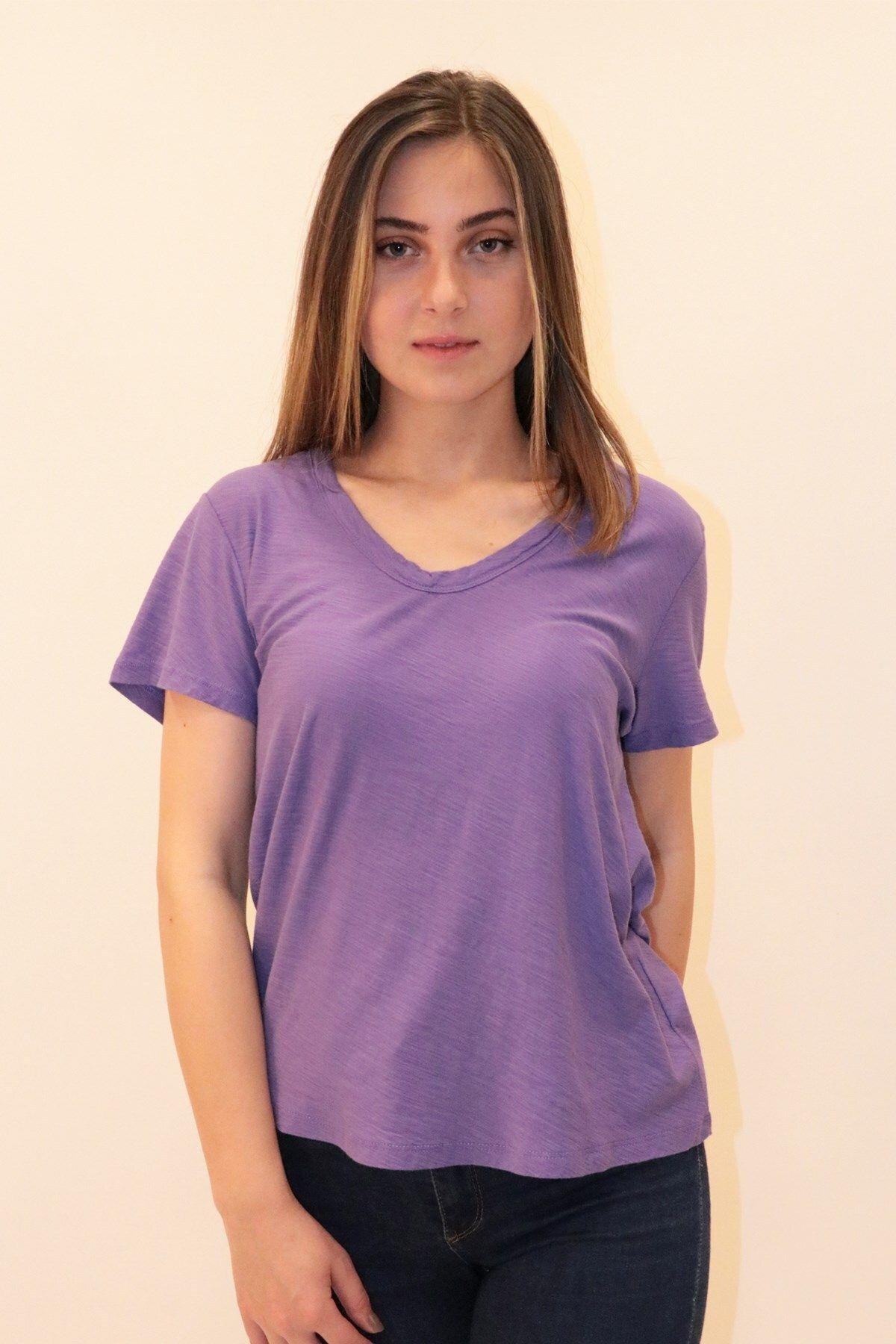 Rich Kadın Organik V Yaka T-shirt %100 Pamuk Tişört