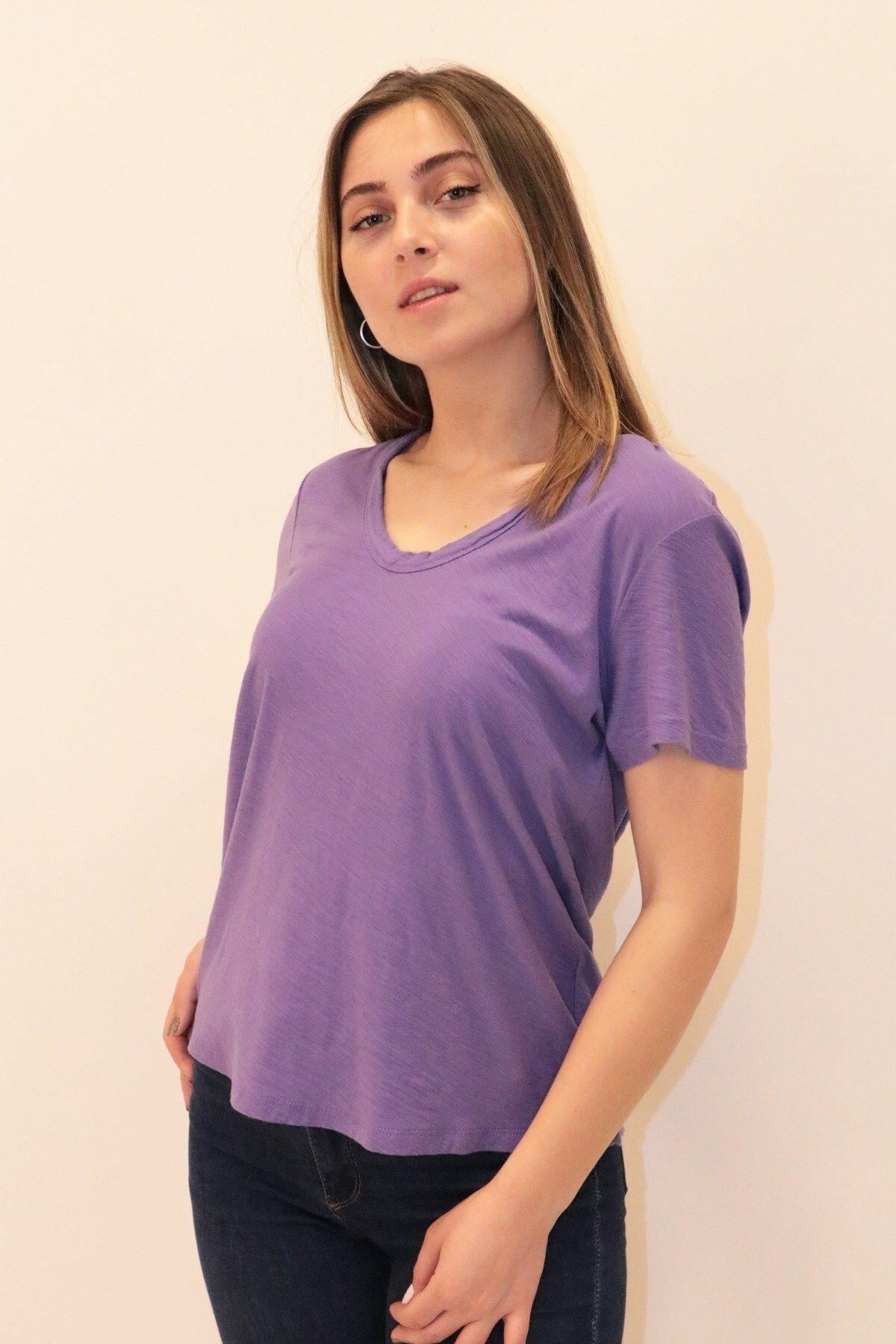 Rich Kadın Organik V Yaka T-shirt %100 Pamuk Tişört
