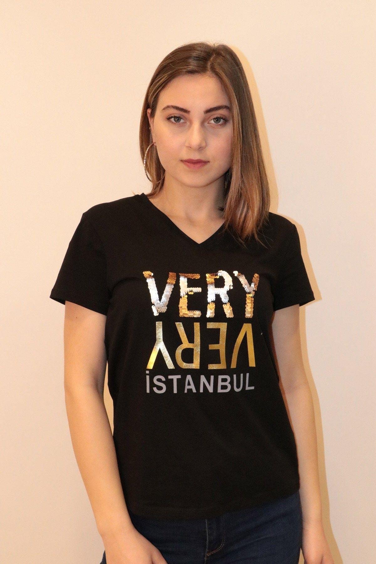 Rich Kadın V Yaka T-shirt %100 Pamuk Tişört