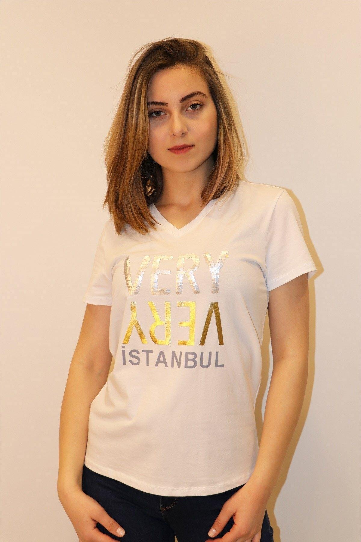 Rich Kadın V Yaka T-shirt %100 Pamuk Tişört
