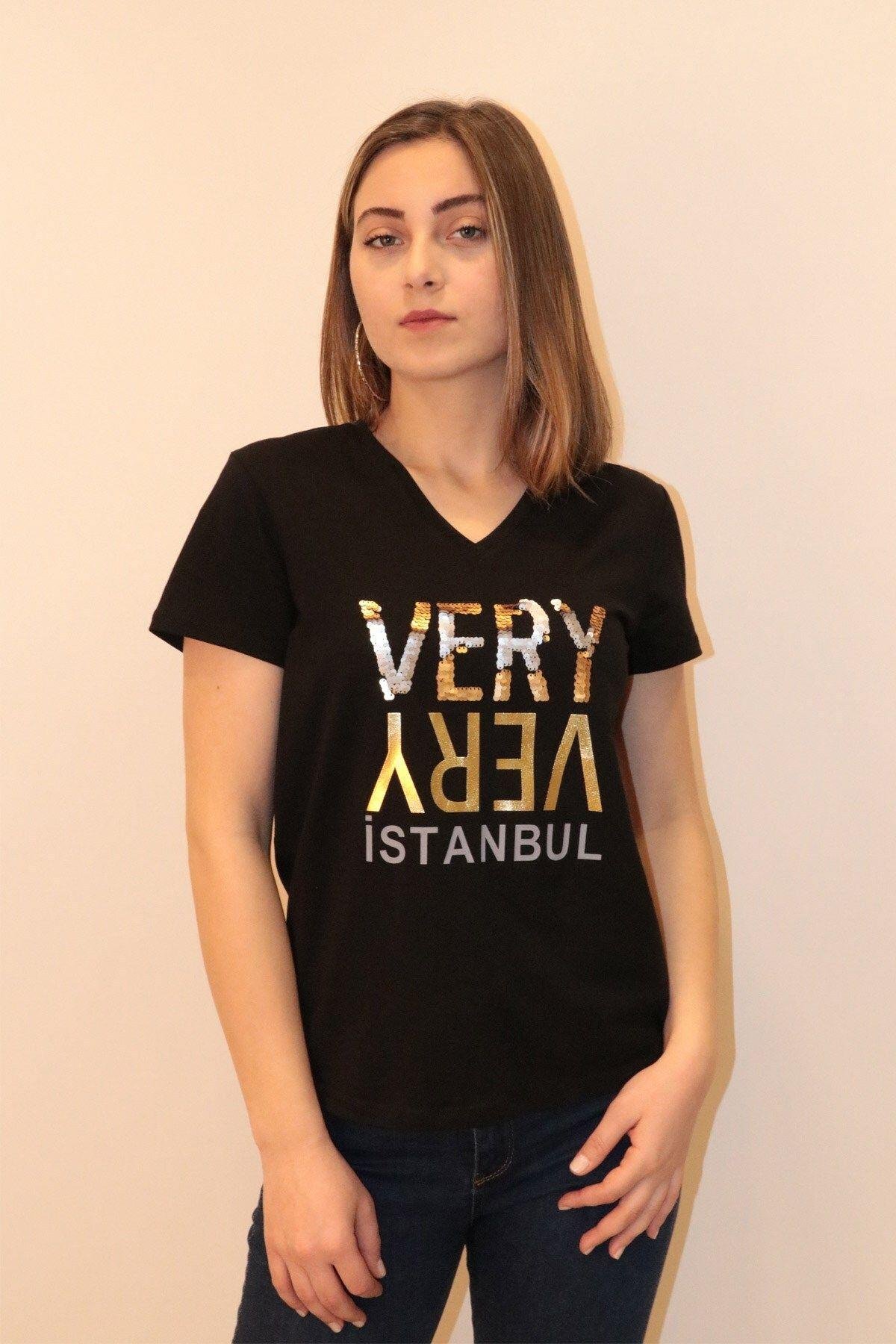 Rich Kadın V Yaka T-shirt %100 Pamuk Tişört