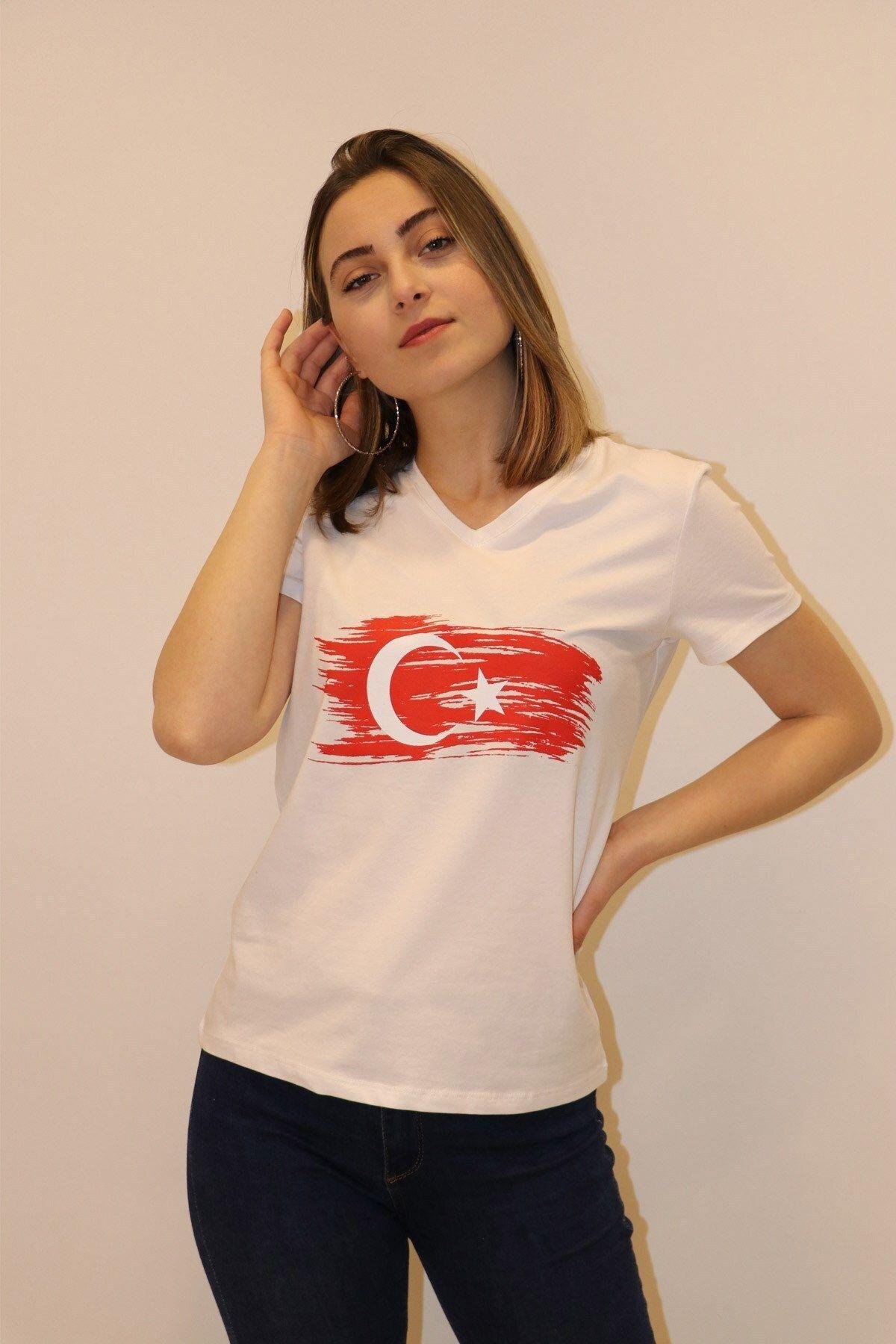 Rich Kadın V Yaka T-shirt %100 Pamuk Tişört