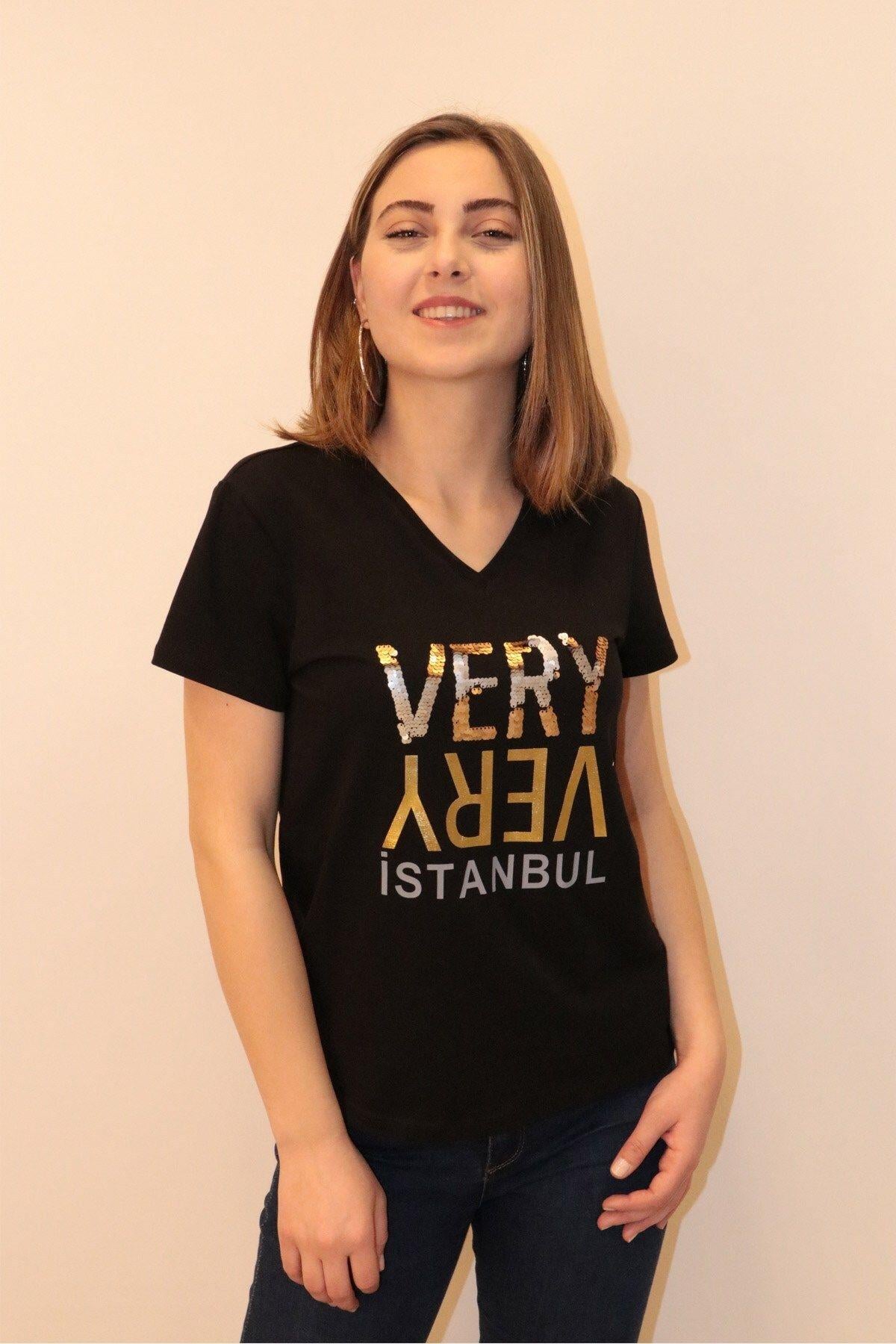 Rich Kadın V Yaka T-shirt %100 Pamuk Tişört