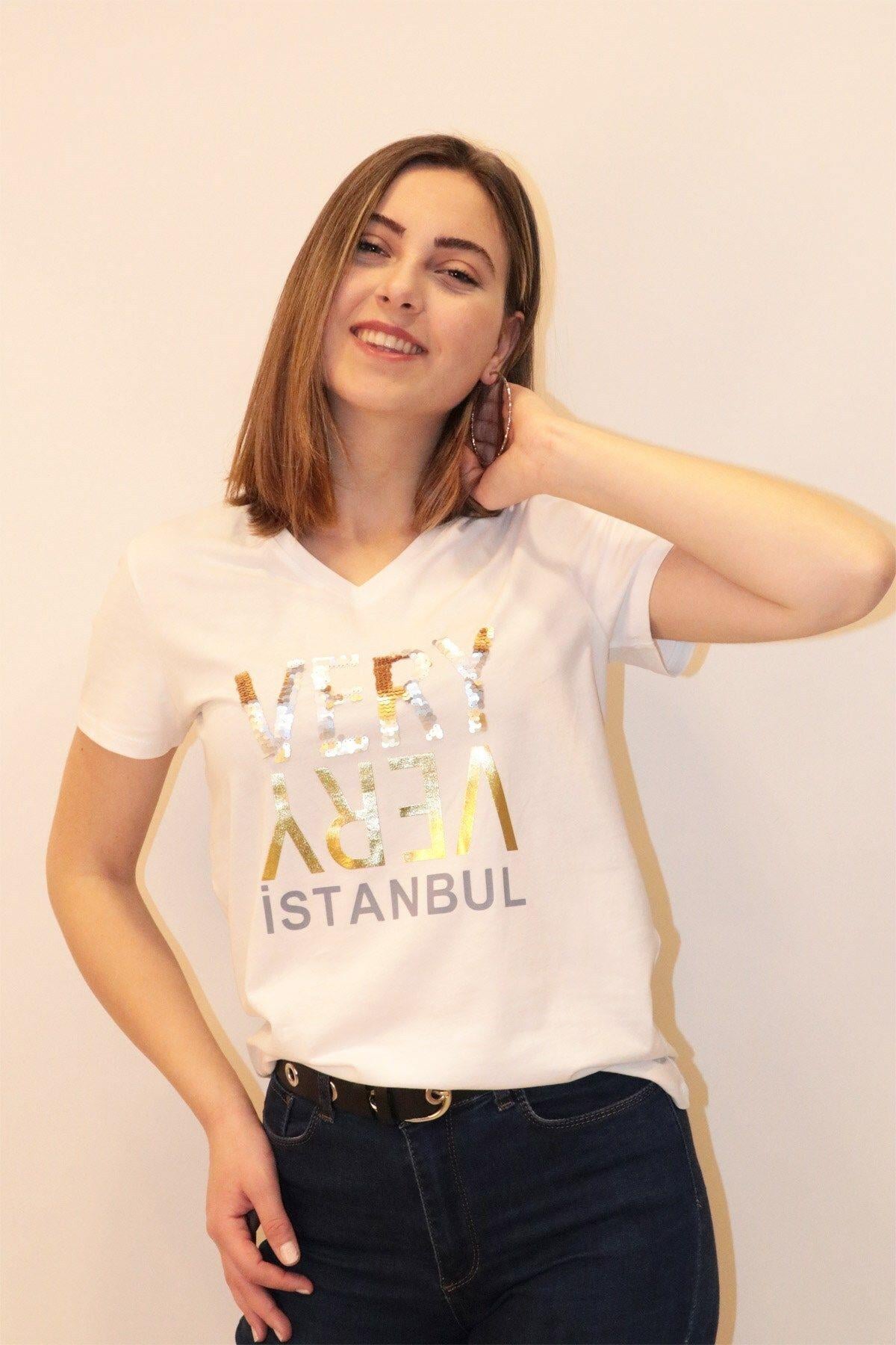 Rich Kadın V Yaka T-shirt %100 Pamuk Tişört
