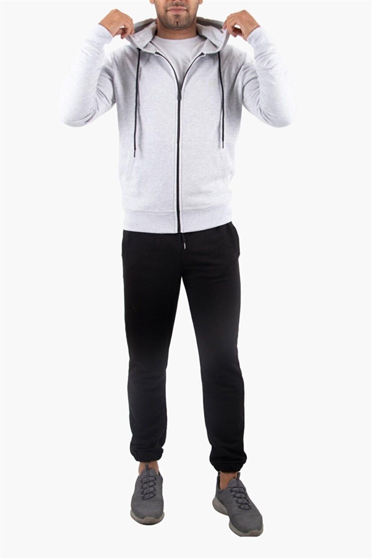 Şardonlu Fermuarlı Kapüşonlu Gri Sweatshirt Polar Hırka