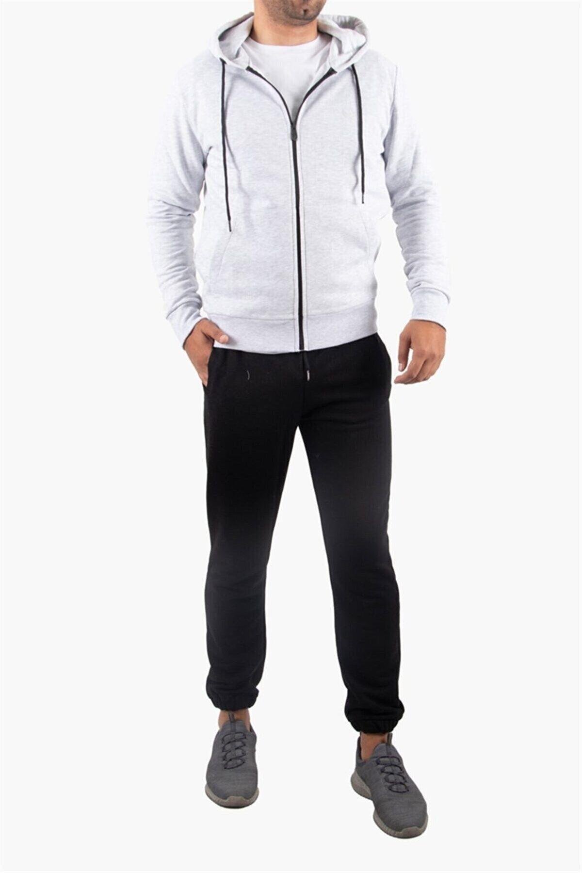 Şardonlu Fermuarlı Kapüşonlu Gri Sweatshirt Polar Hırka