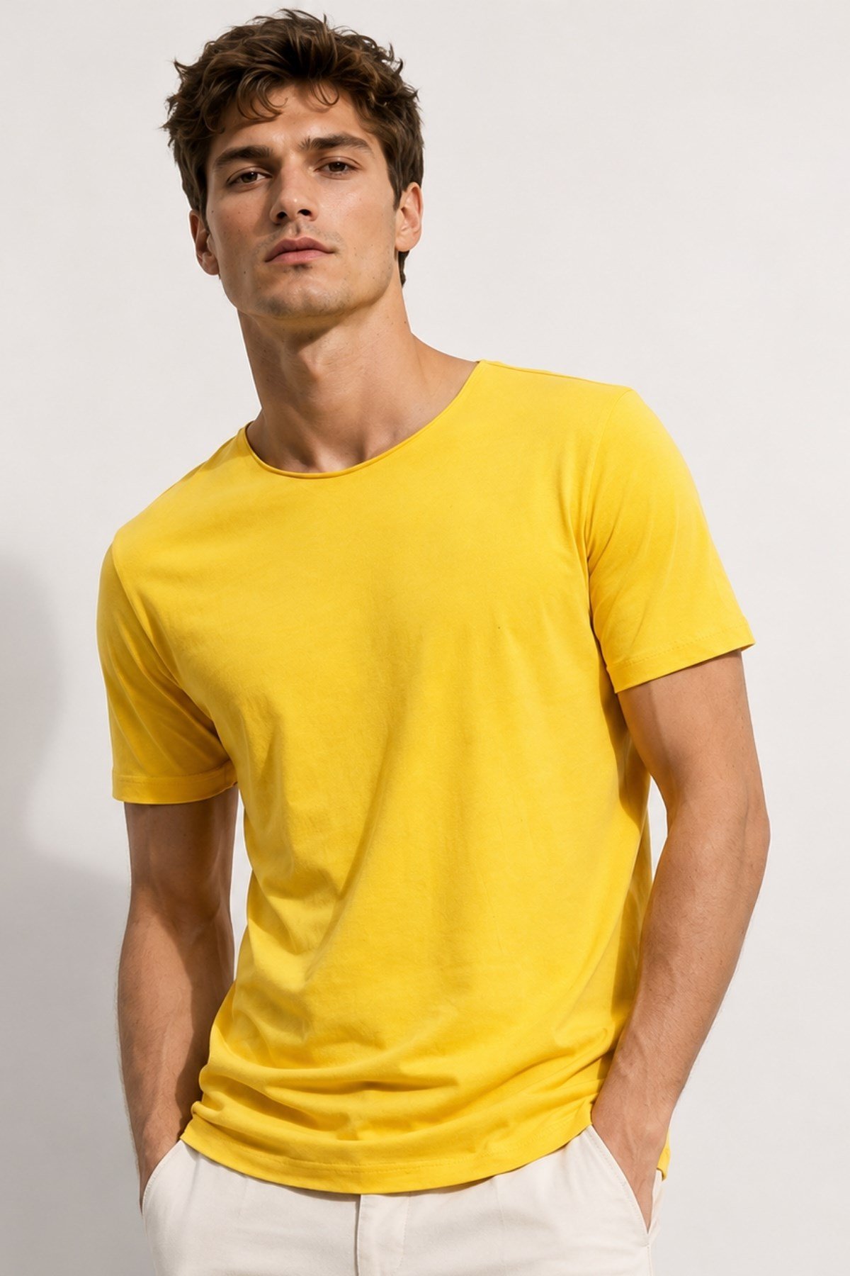 Sarı Erkek Yıkamalı Basic T-shirt