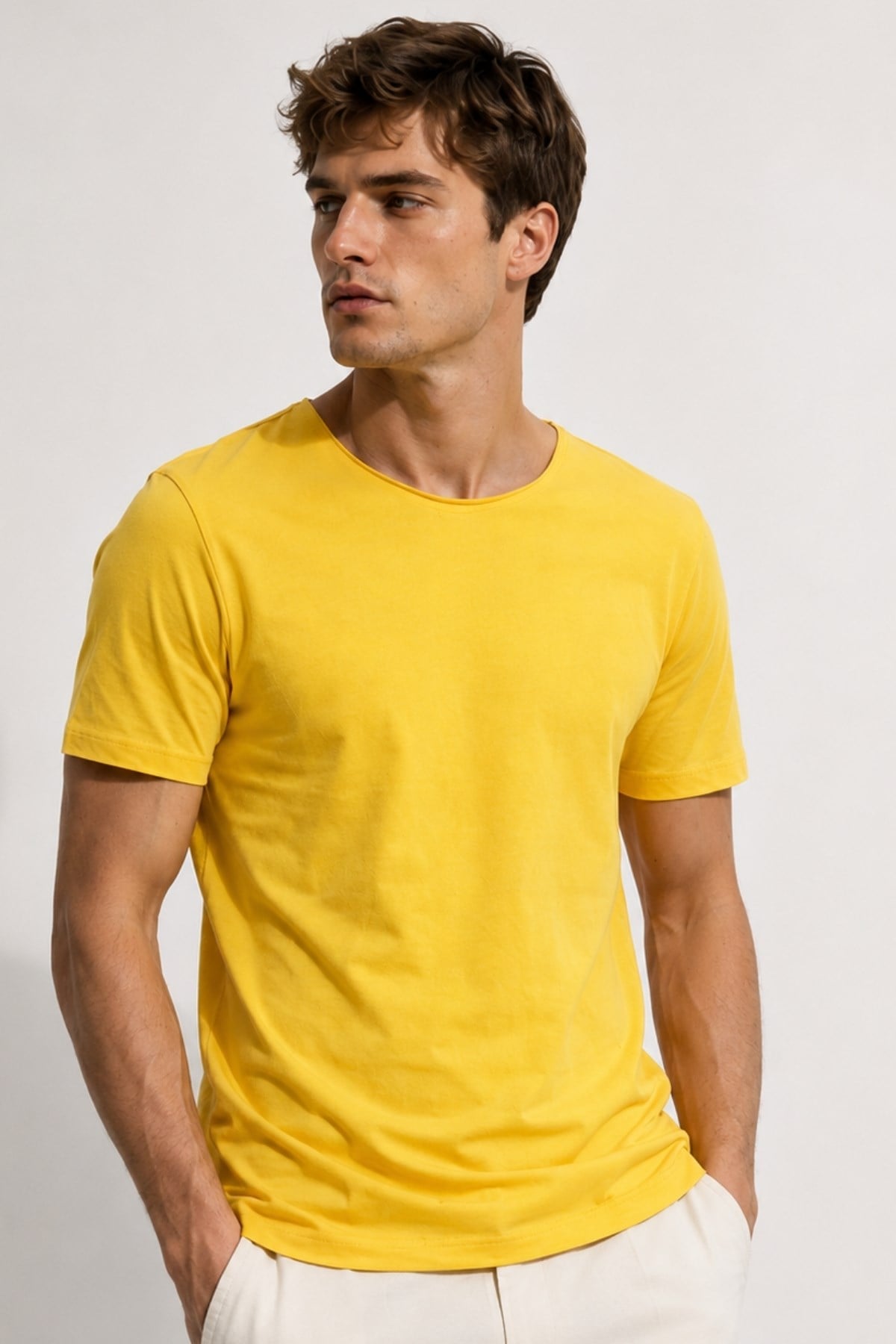 Sarı Erkek Yıkamalı Basic T-shirt